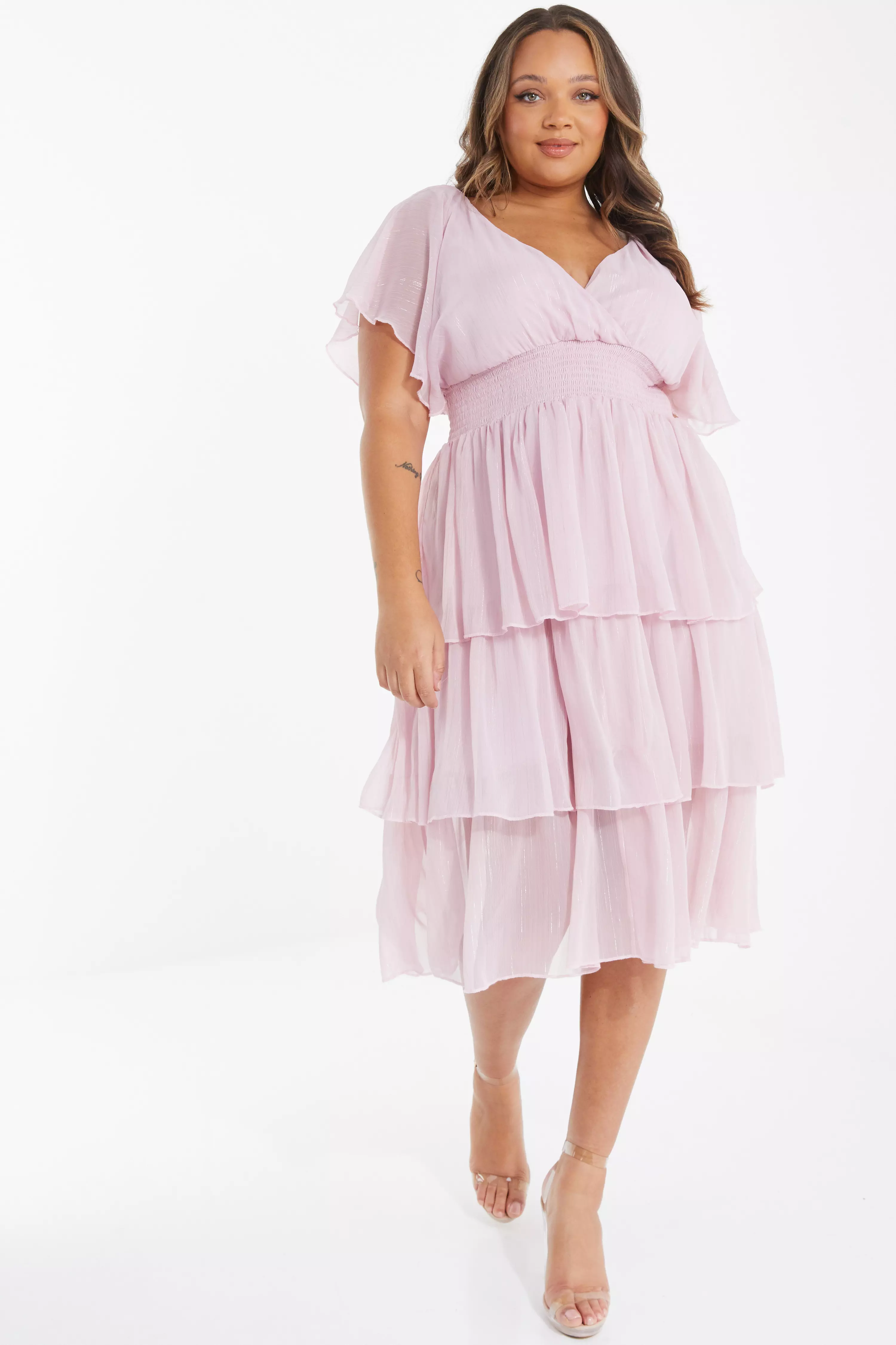 Curve Pink Chiffon Tiered Midi Dress QUIZ Clothing