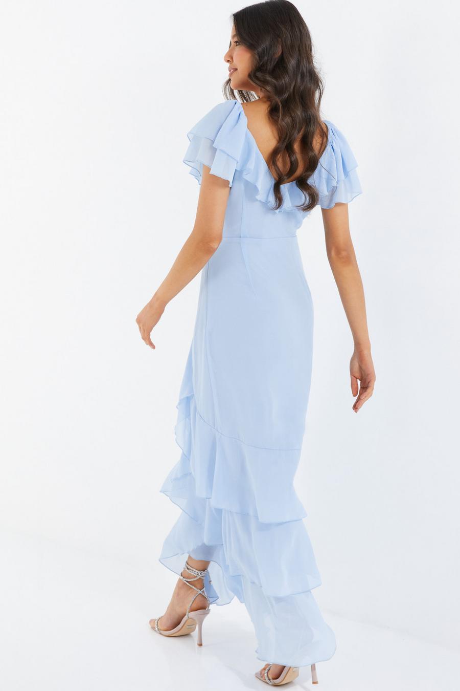 Light Blue Chiffon Frill Maxi Dress - Quiz Clothing