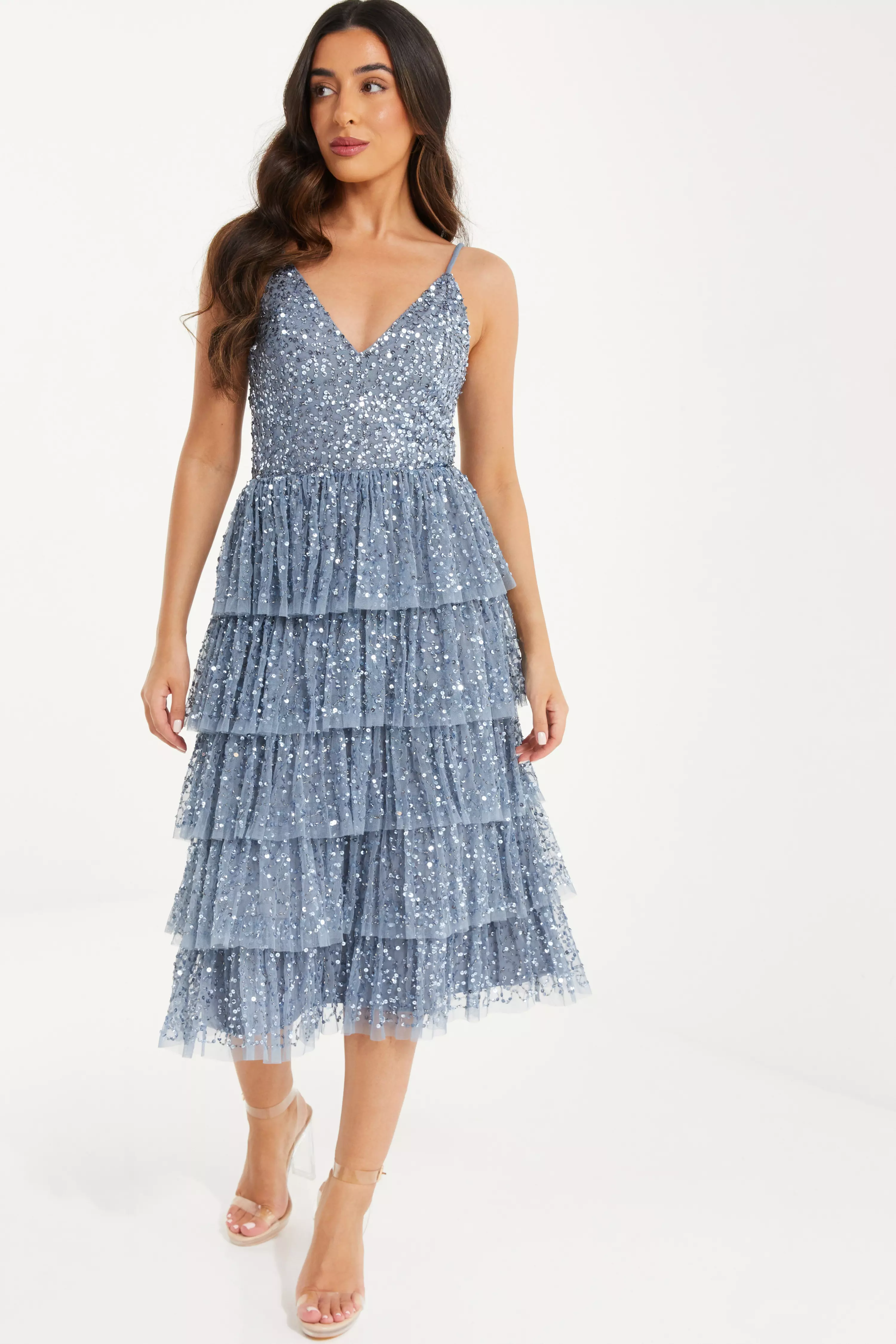 Petite Blue Sequin Tiered Midi Dress QUIZ Clothing