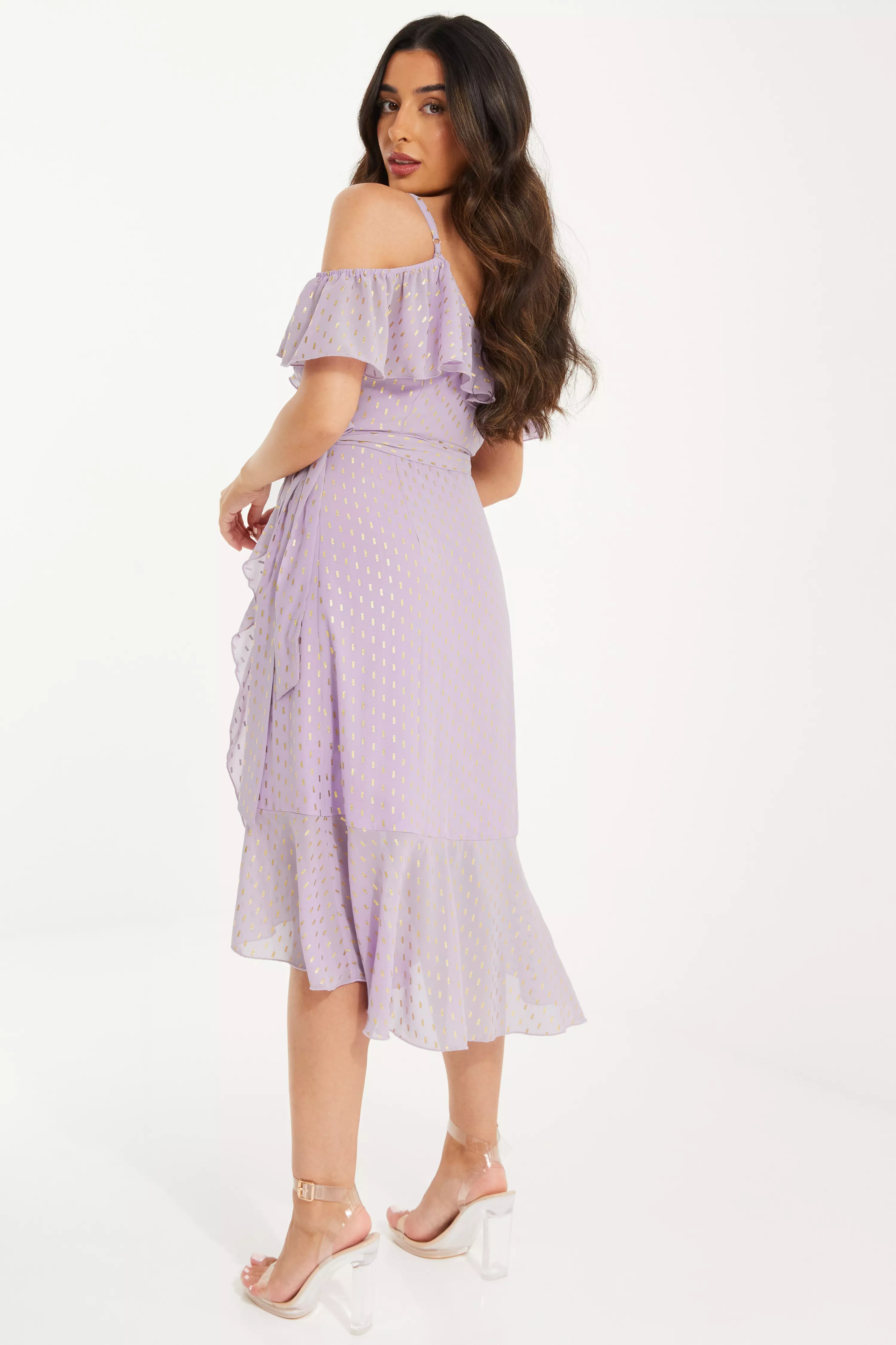 Petite Lilac Chiffon Foil Midi Dress - QUIZ Clothing