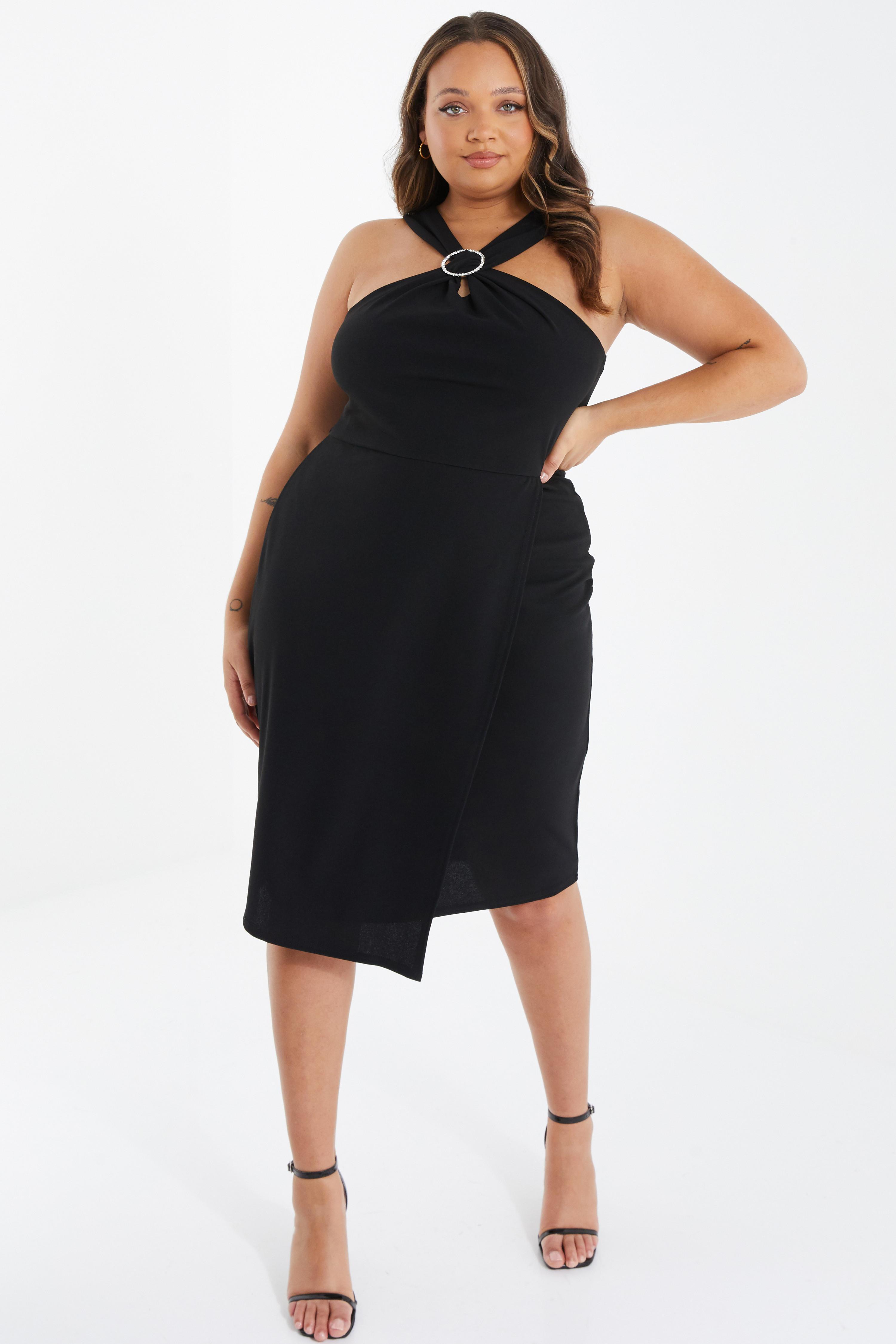 Curve Black Wrap Diamante Midi Dress<!-- --> - <!-- -->QUIZ Clothing