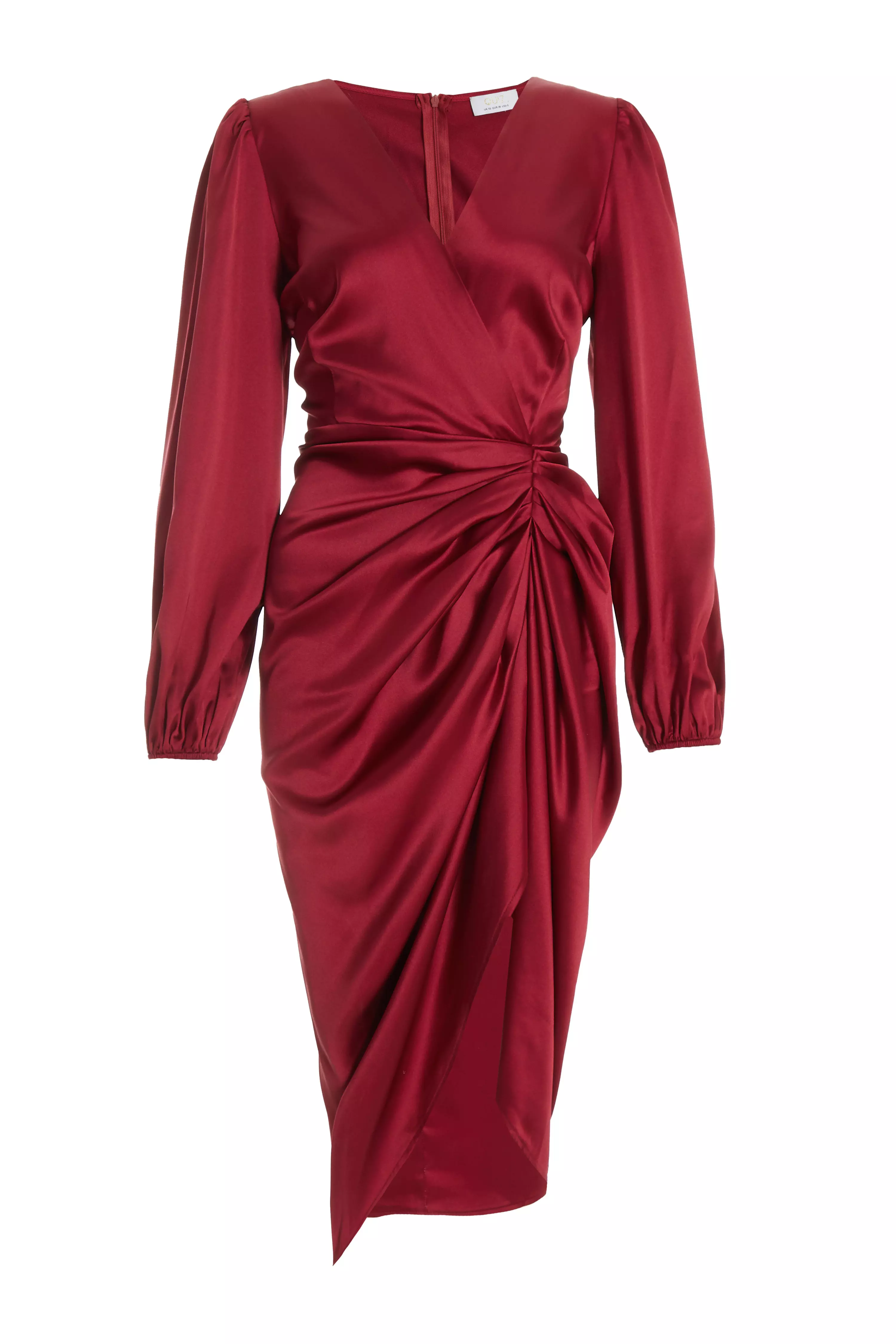 Berry Satin Long Sleeve Ruched Midi Dress - QUIZ Clothing