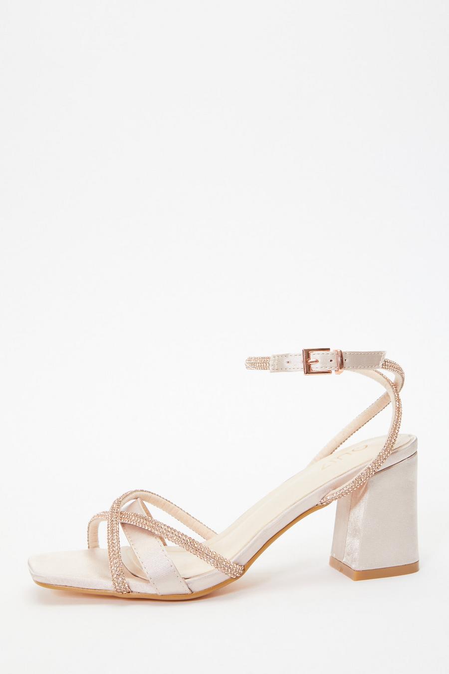 Champagne Satin Diamante Block Heeled Sandals Quiz Clothing