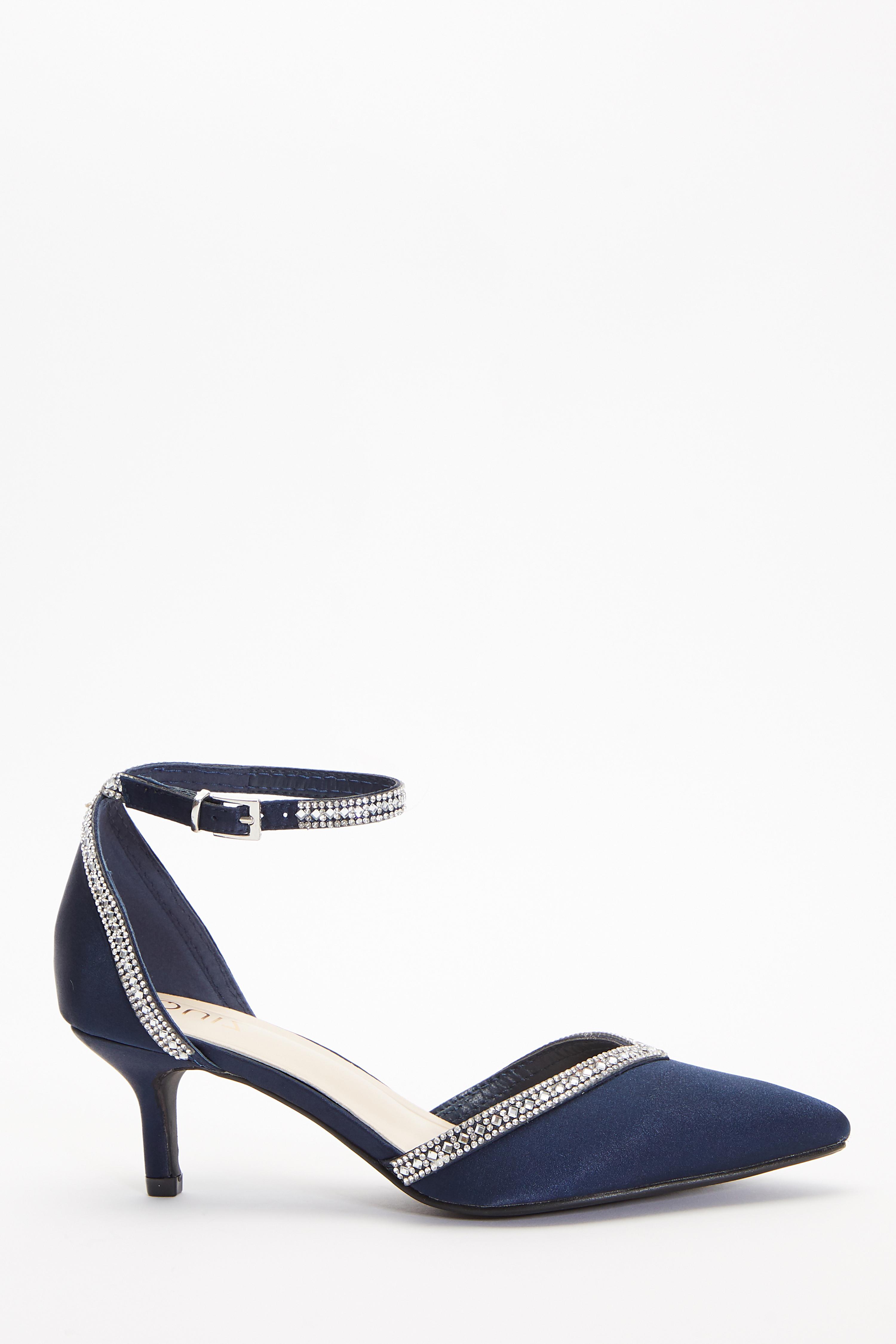 Navy satin shoes with on sale diamante