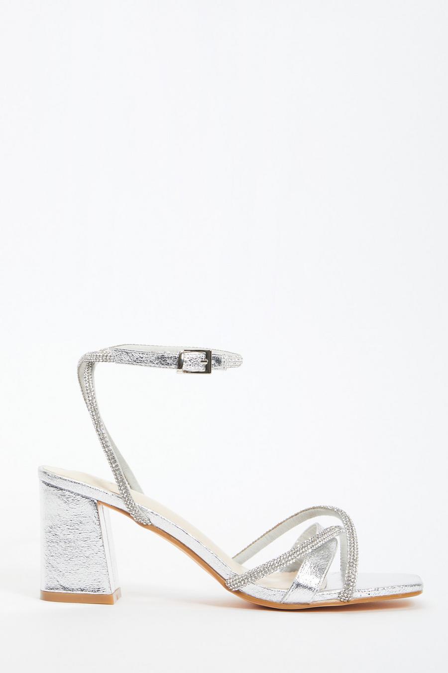 Silver Foil Diamante Block Heeled Sandals Quiz Clothing