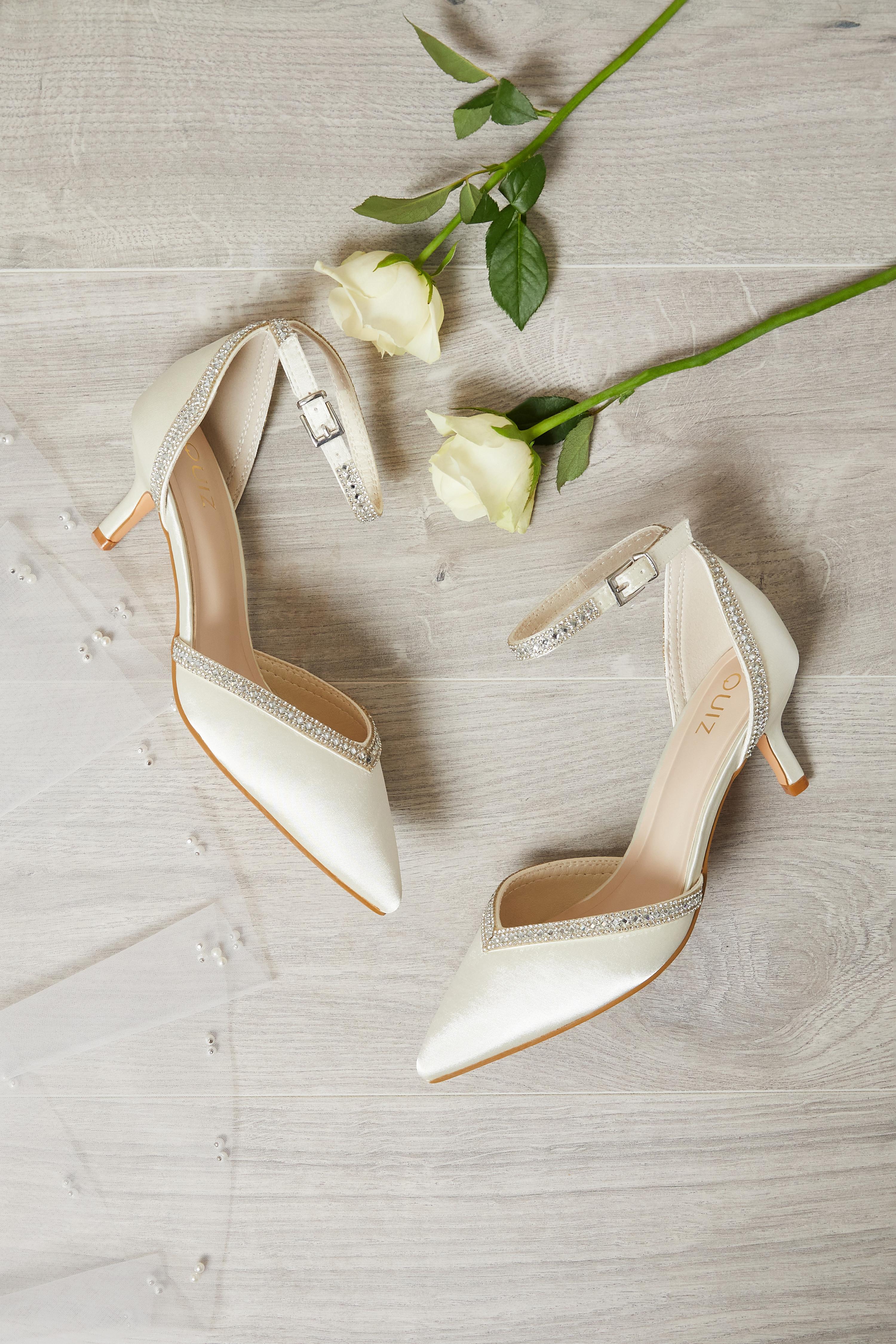 Bridal Ivory Satin Diamante Trim Low Court Heels