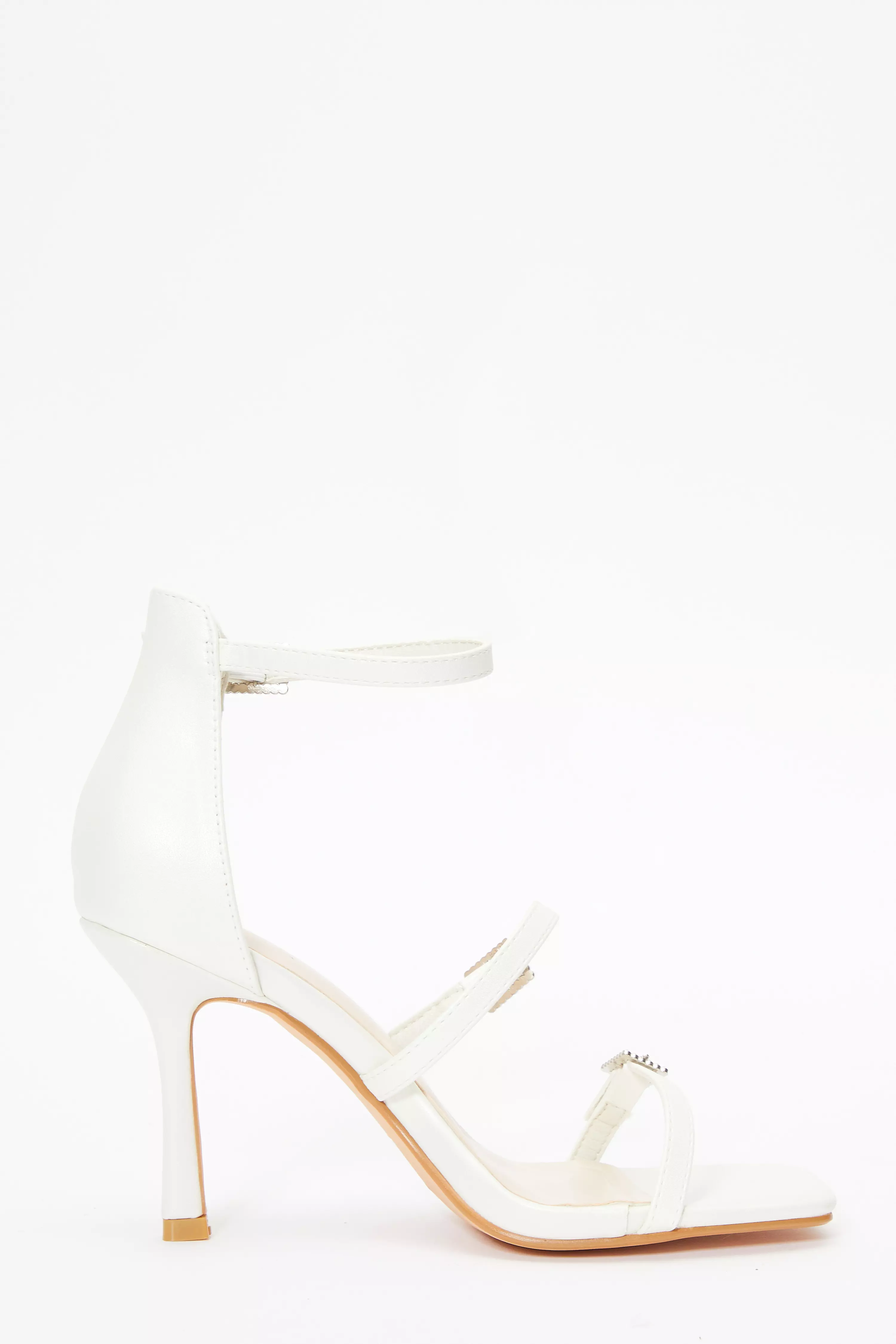 Bridal White Faux Leather Strappy Buckle Heeled Sandals - QUIZ Clothing