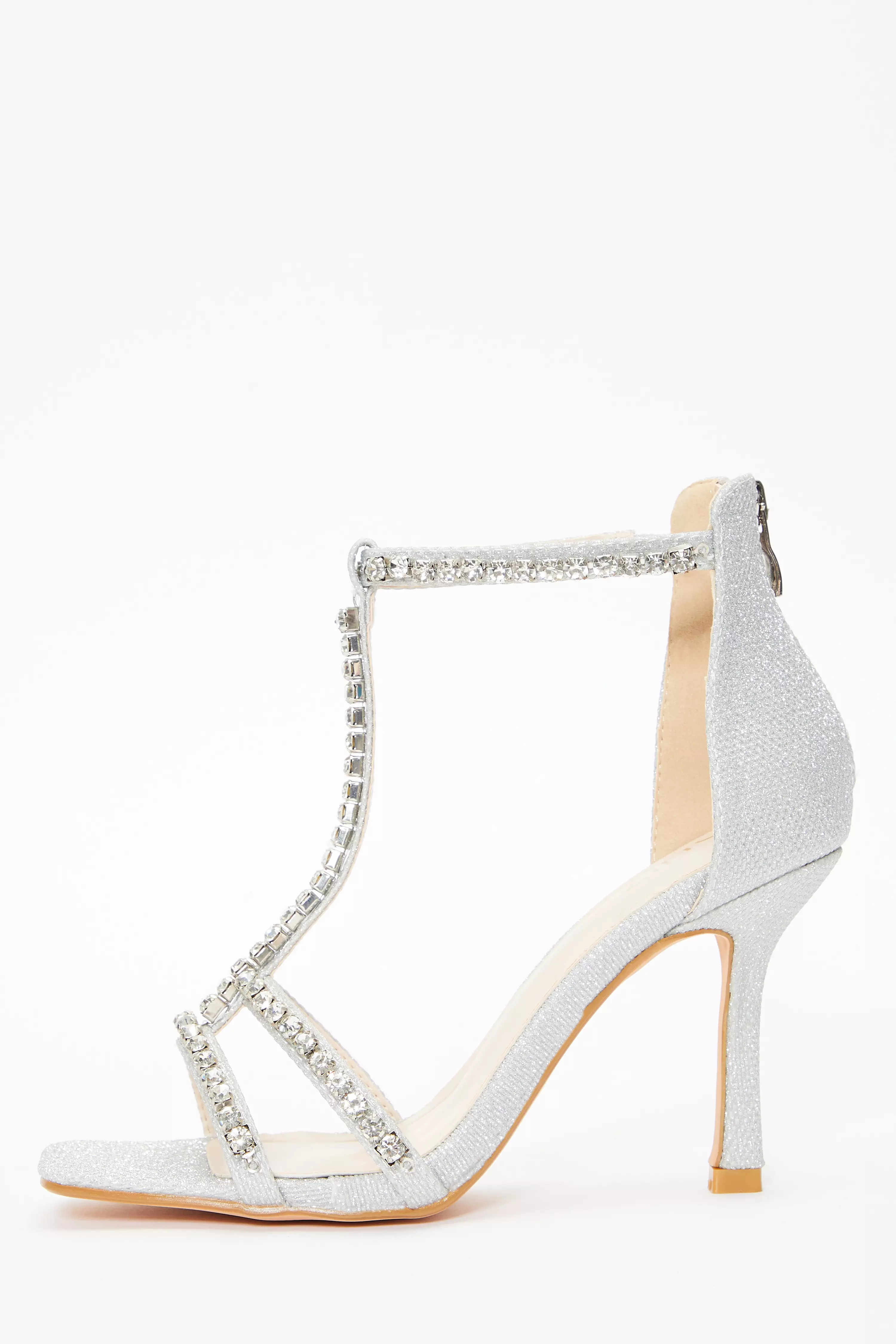 Silver Shimmer Diamante Stone T-Bar Heeled Sandals - QUIZ Clothing