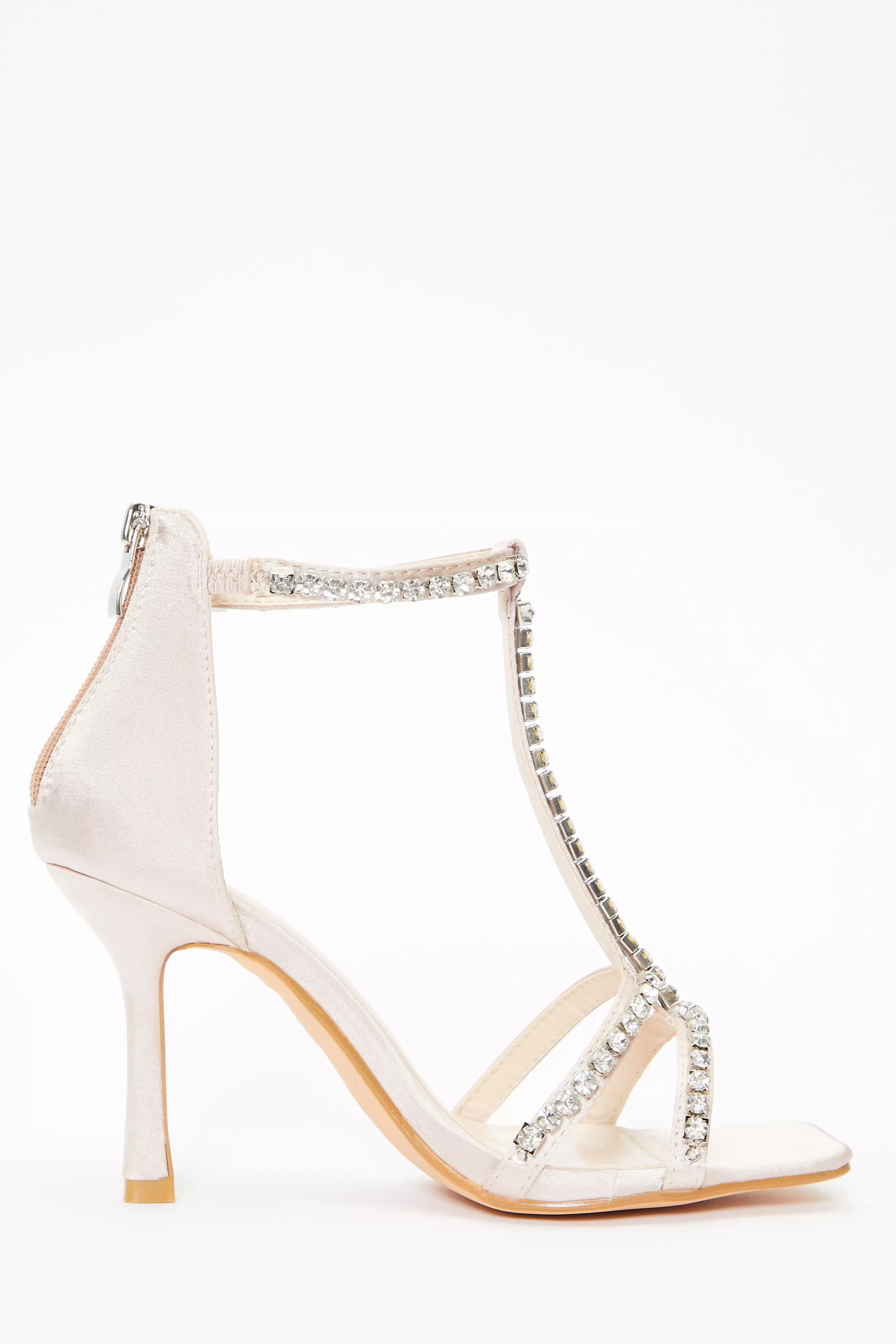Champagne Satin Diamante Stone T-Bar Heeled Sandals - QUIZ Clothing