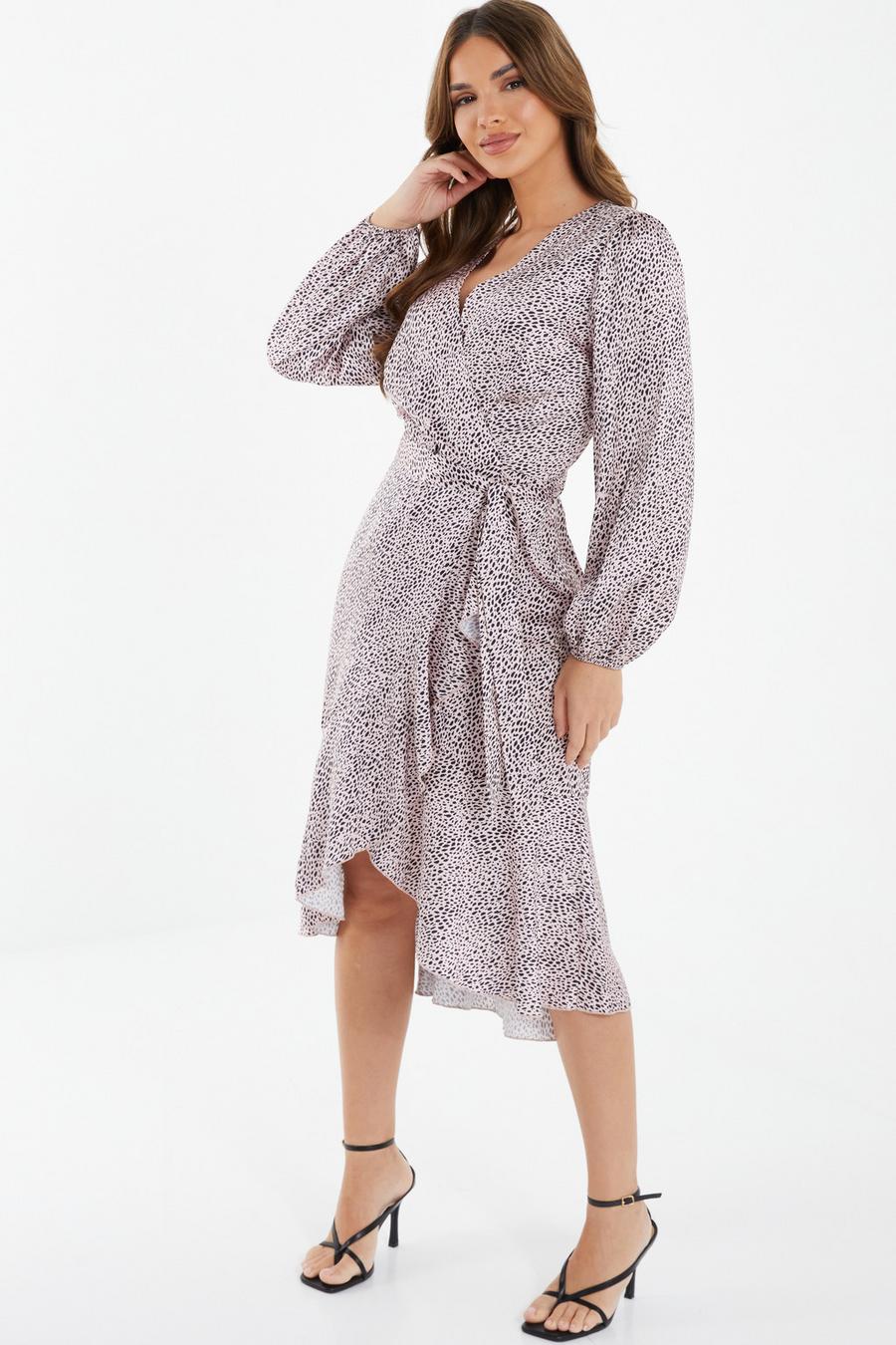 Pink Satin Animal Print Midi Dress - Quiz Clothing