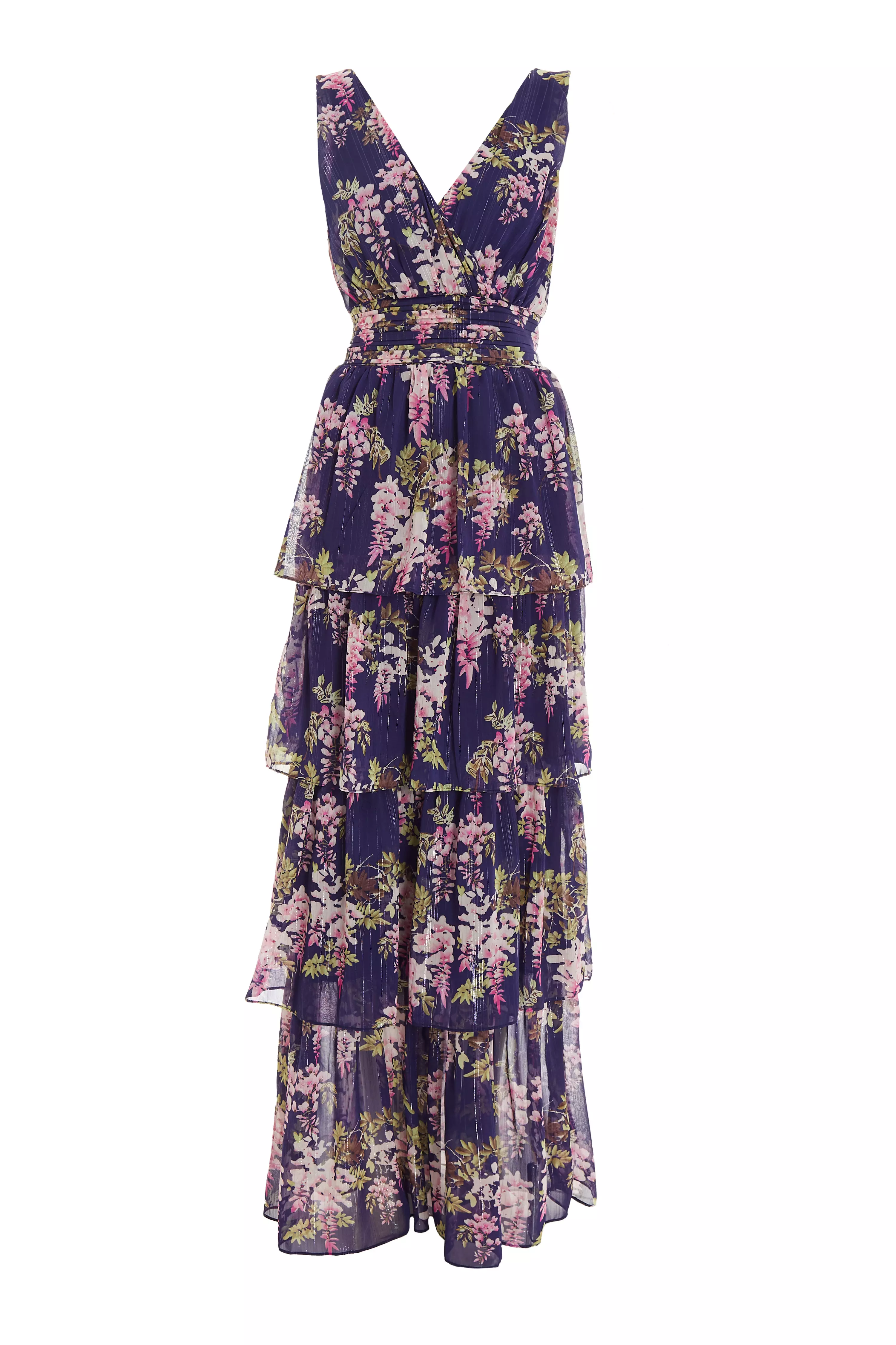 Navy Chiffon Floral Tiered Maxi Dress - QUIZ Clothing