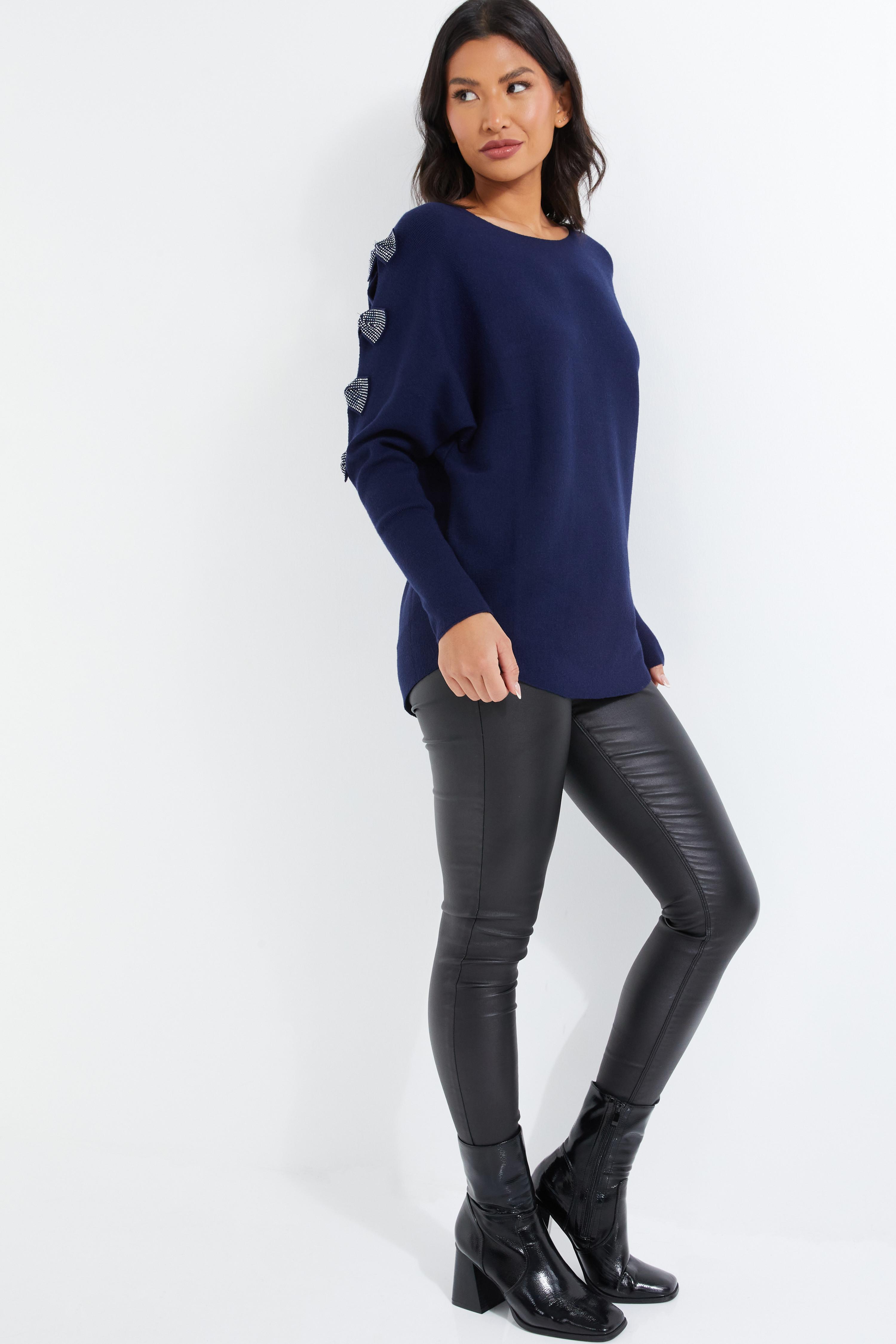 Navy Light Knit Diamante Bow Sleeve Jumper QUIZ Clothing