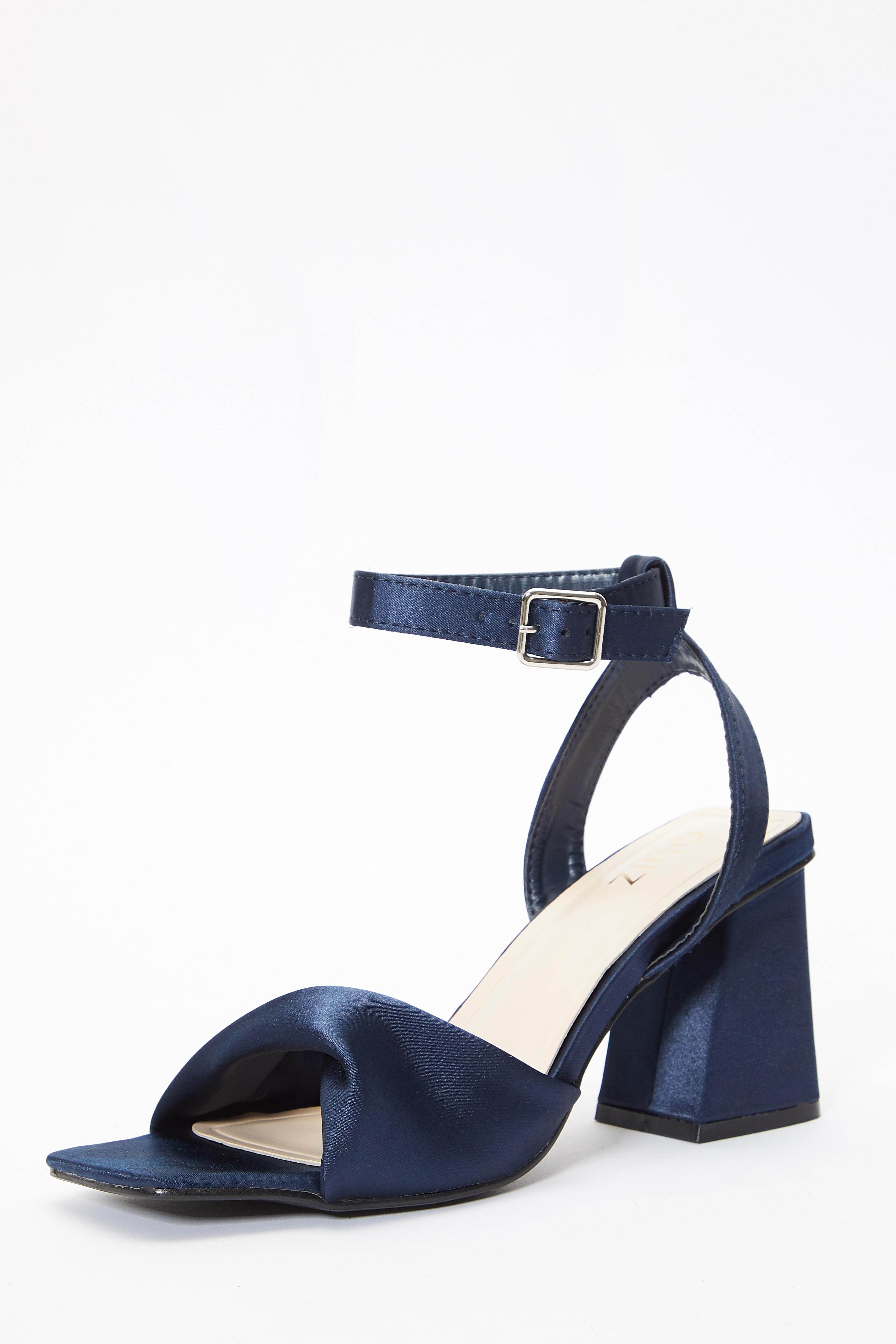 Navy satin block top heel sandals