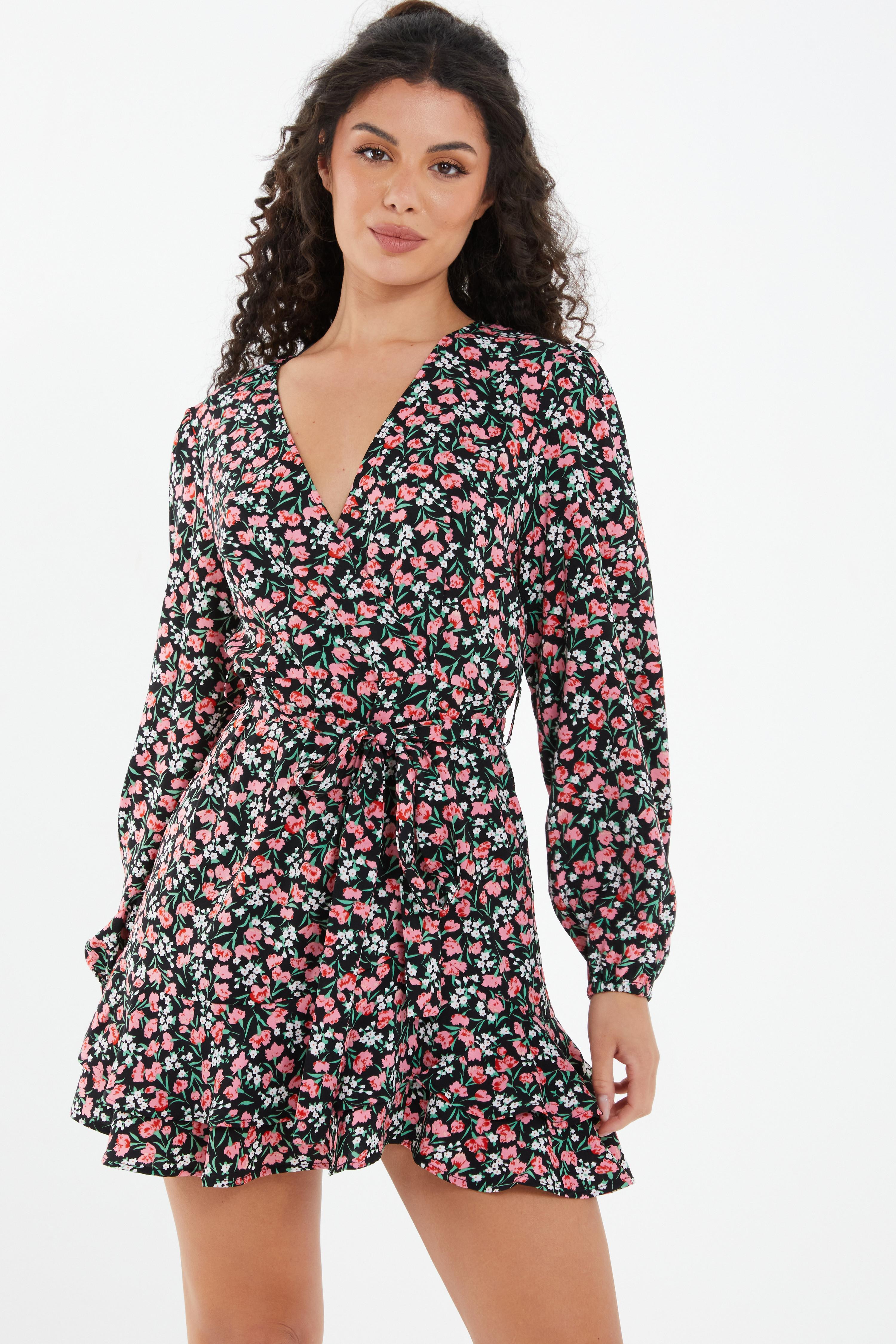 Black Ditsy Floral Wrap Mini Dress