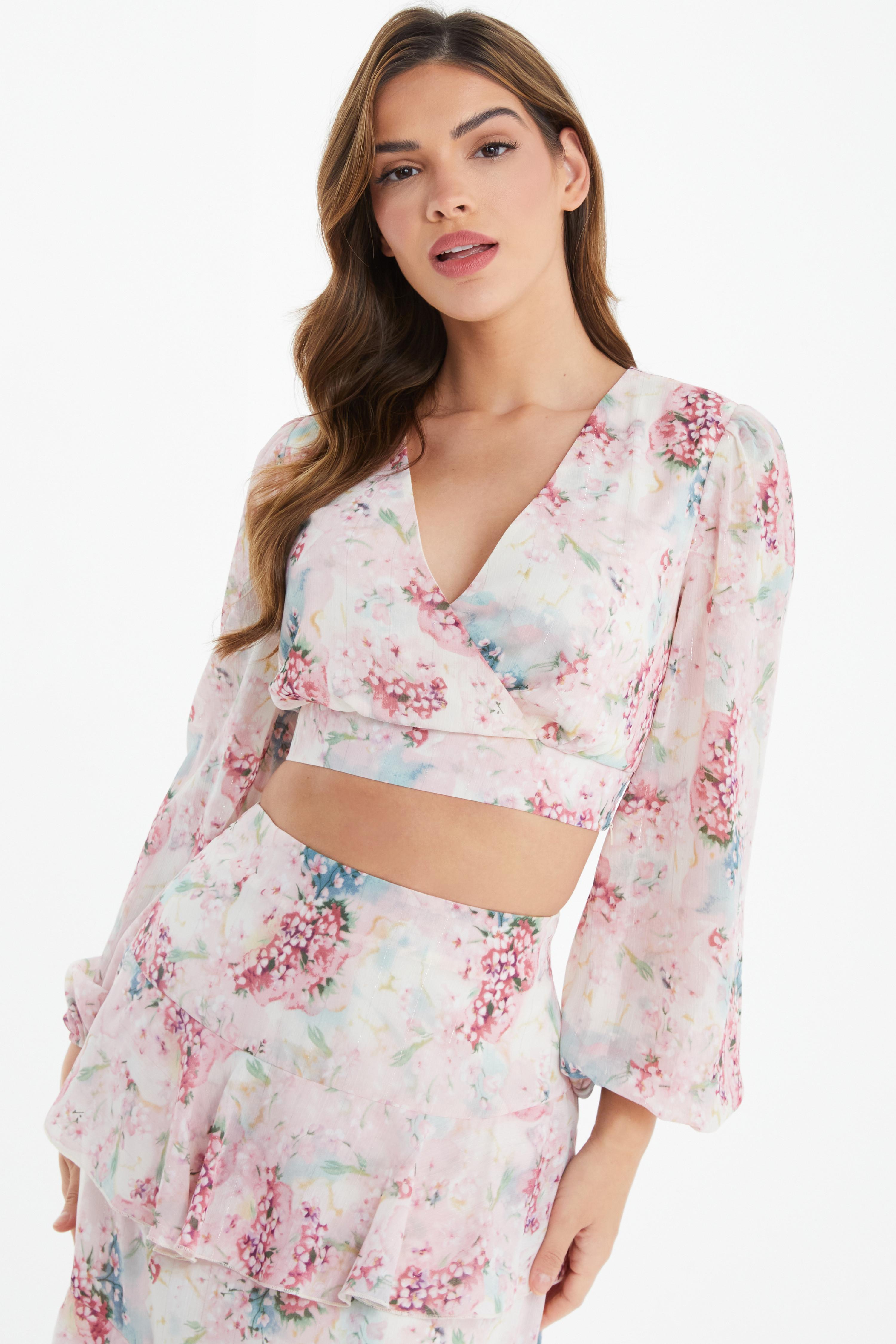 Light Pink Chiffon Floral Crop Top