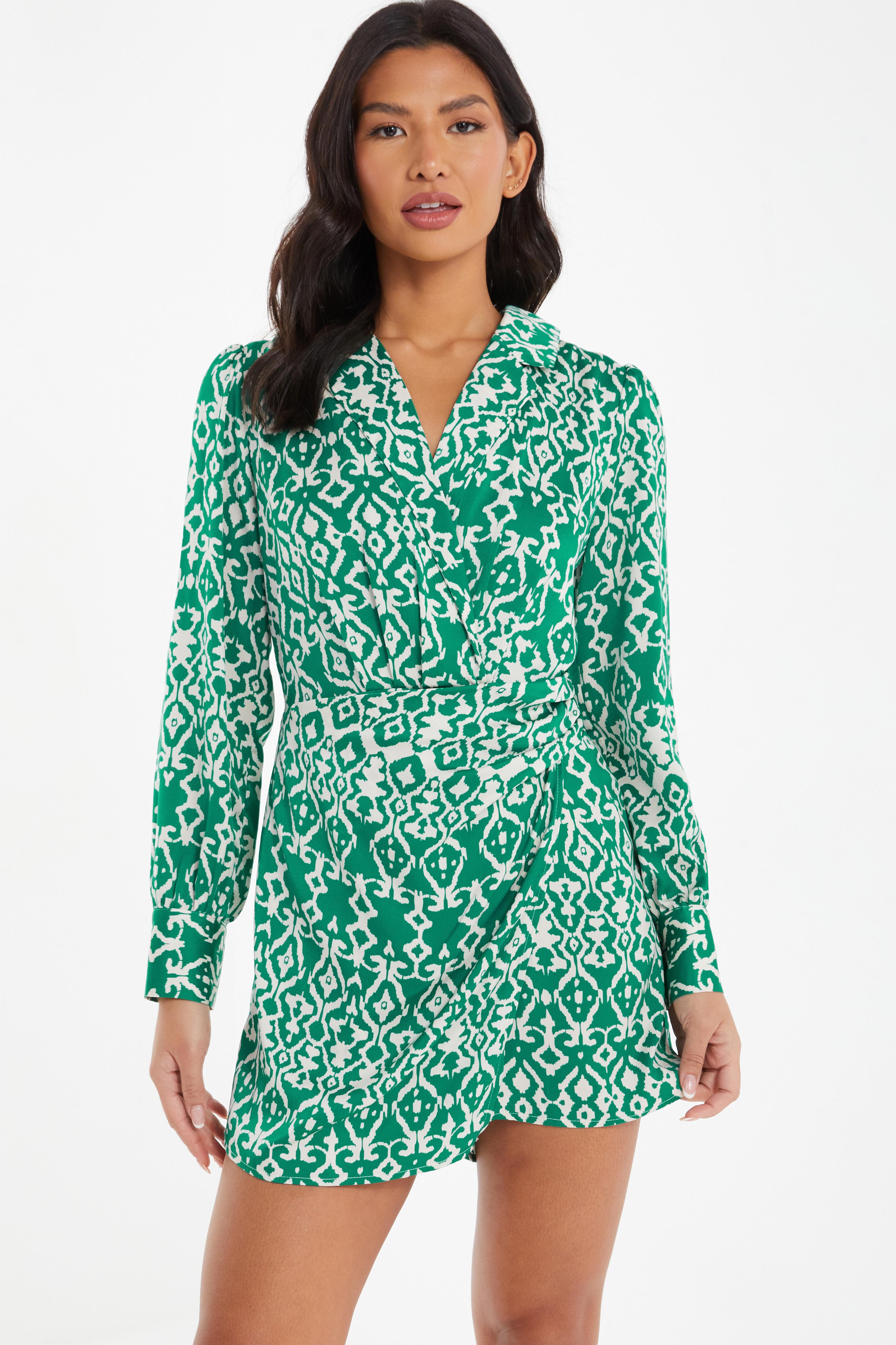 Green Satin Aztec Wrap Playsuit