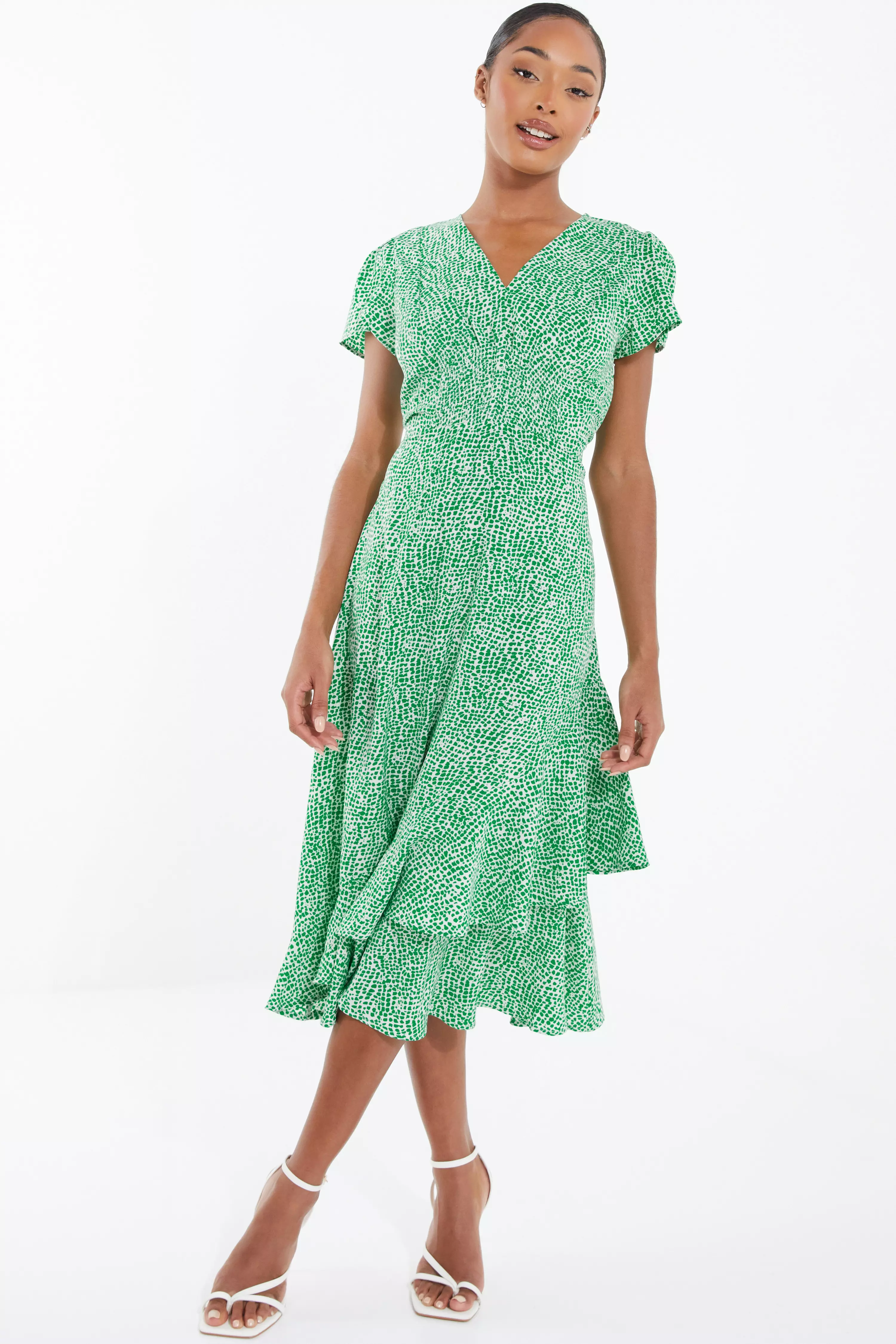Green Polka Dot Frill Midi Dress - QUIZ Clothing