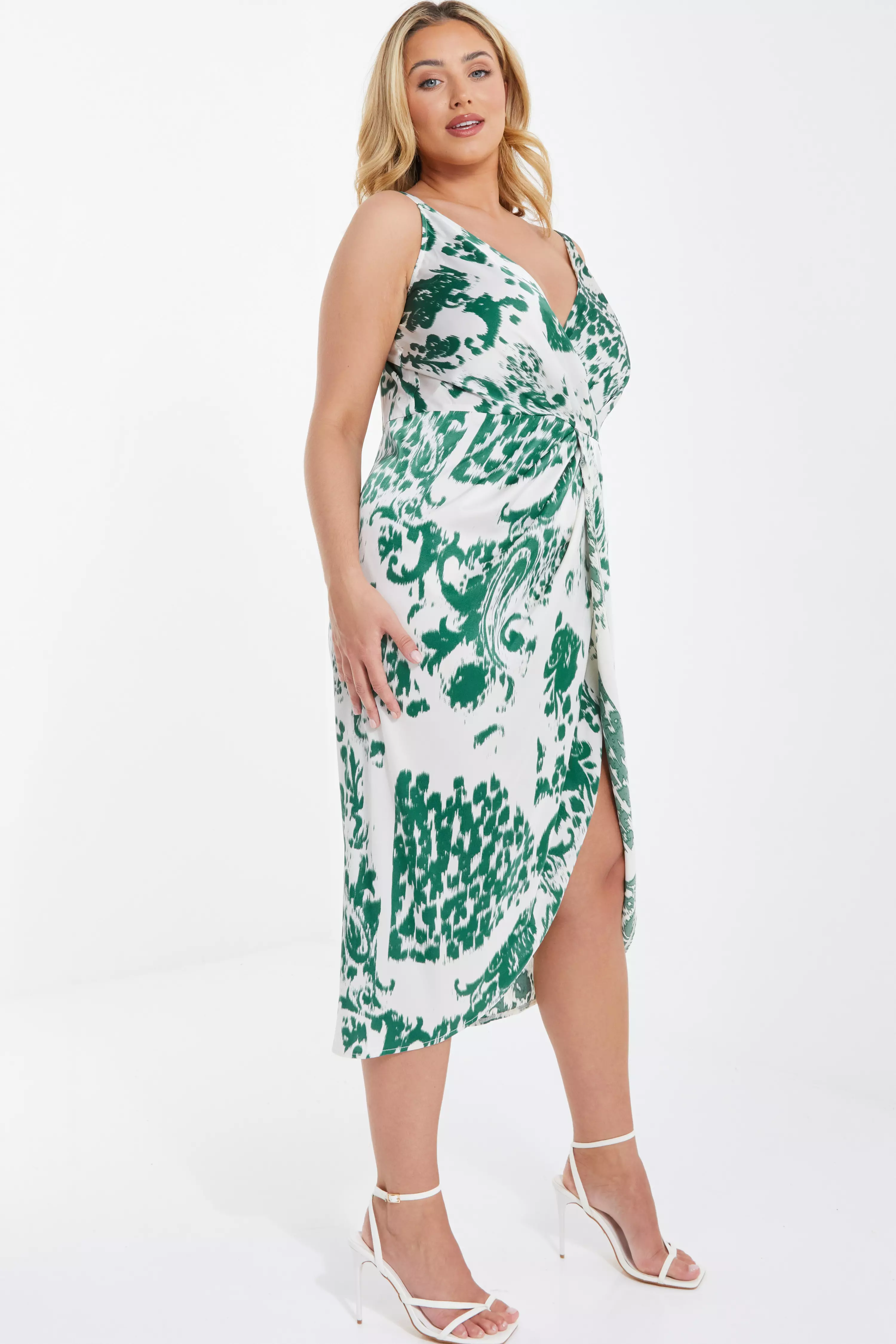 Curve Green Animal Print Ruched Midi Dress - QUIZ Clothing