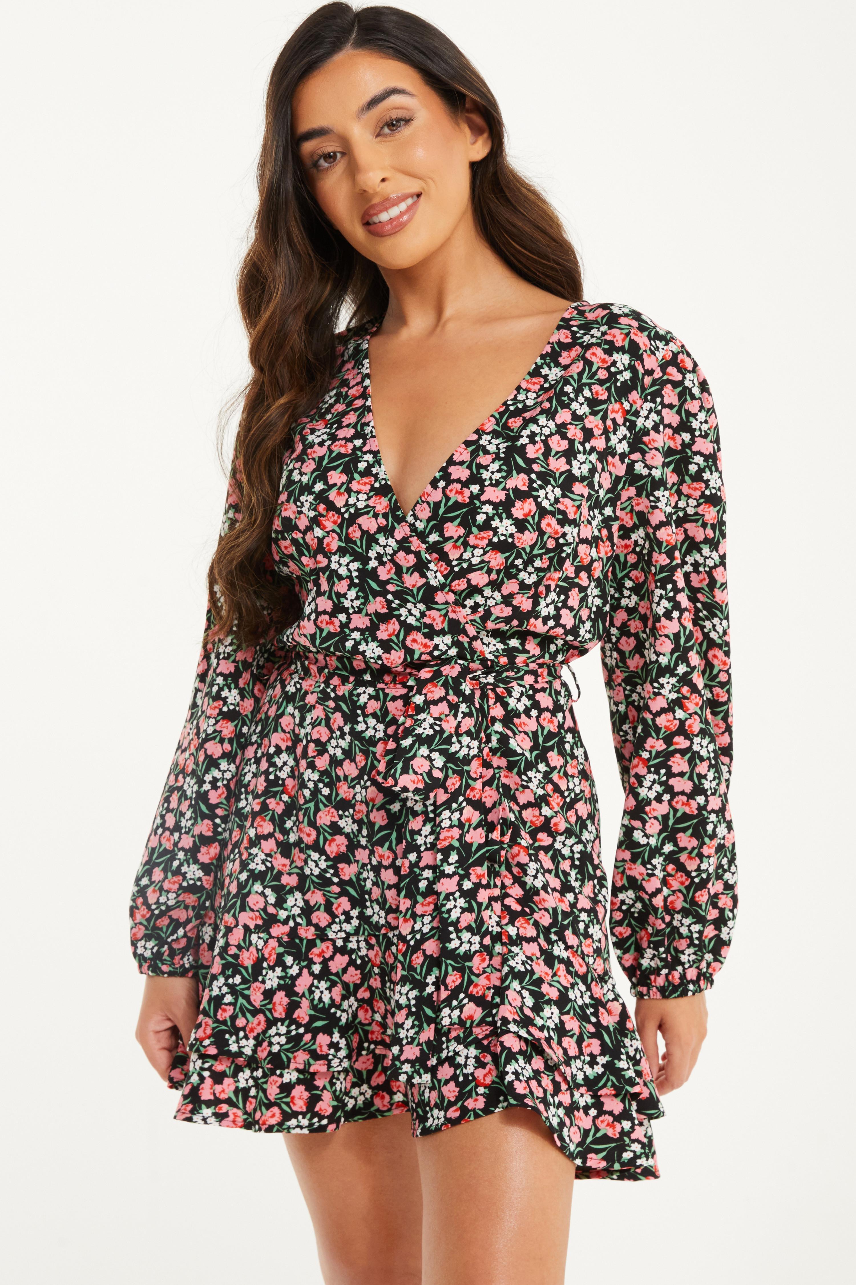 Petite Black Ditsy Floral Wrap Mini Dress