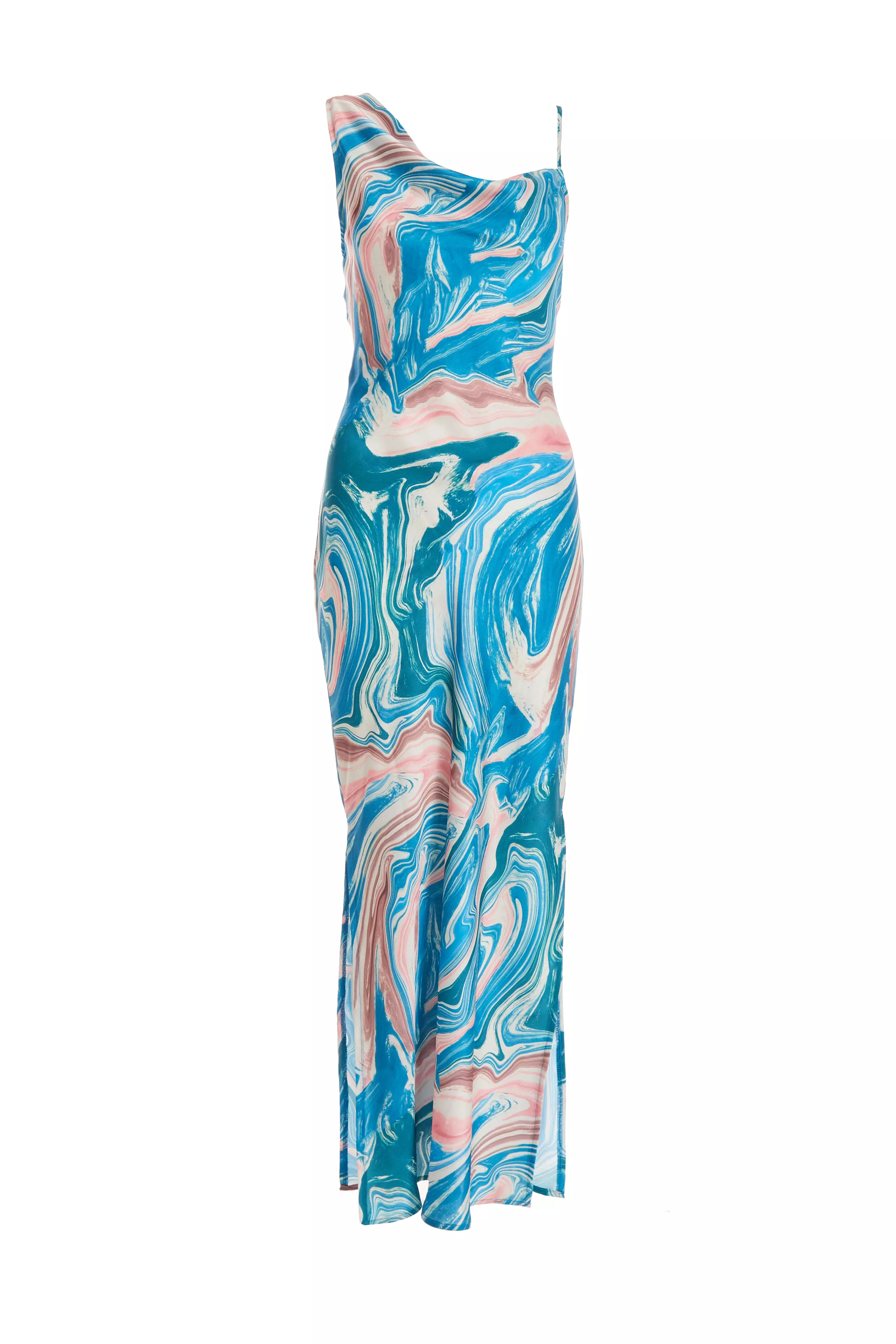 Blue Satin Marble Print Midaxi Dress - QUIZ Clothing
