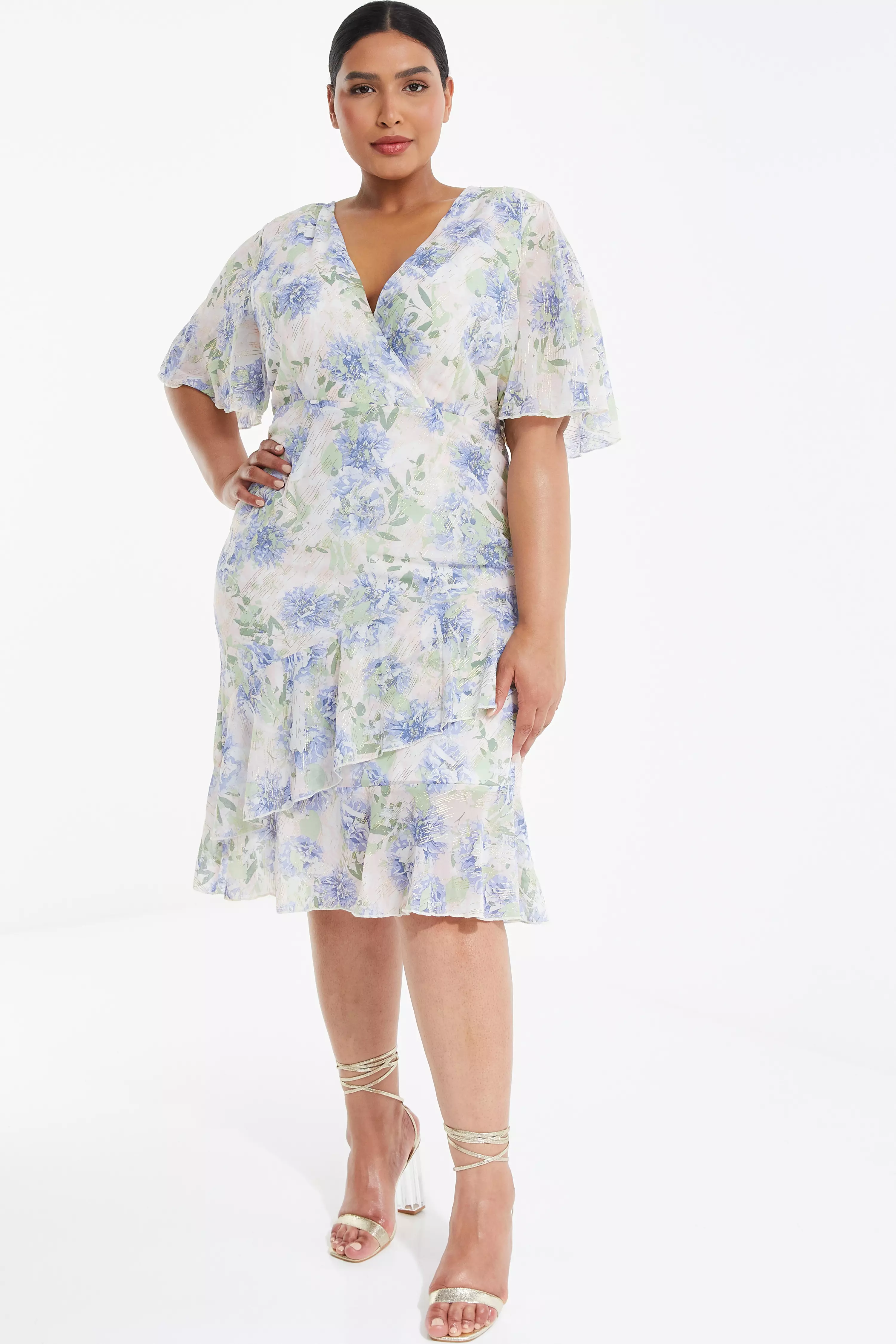 Curve Pink Floral Frill Midi Dress QUIZ Clothing