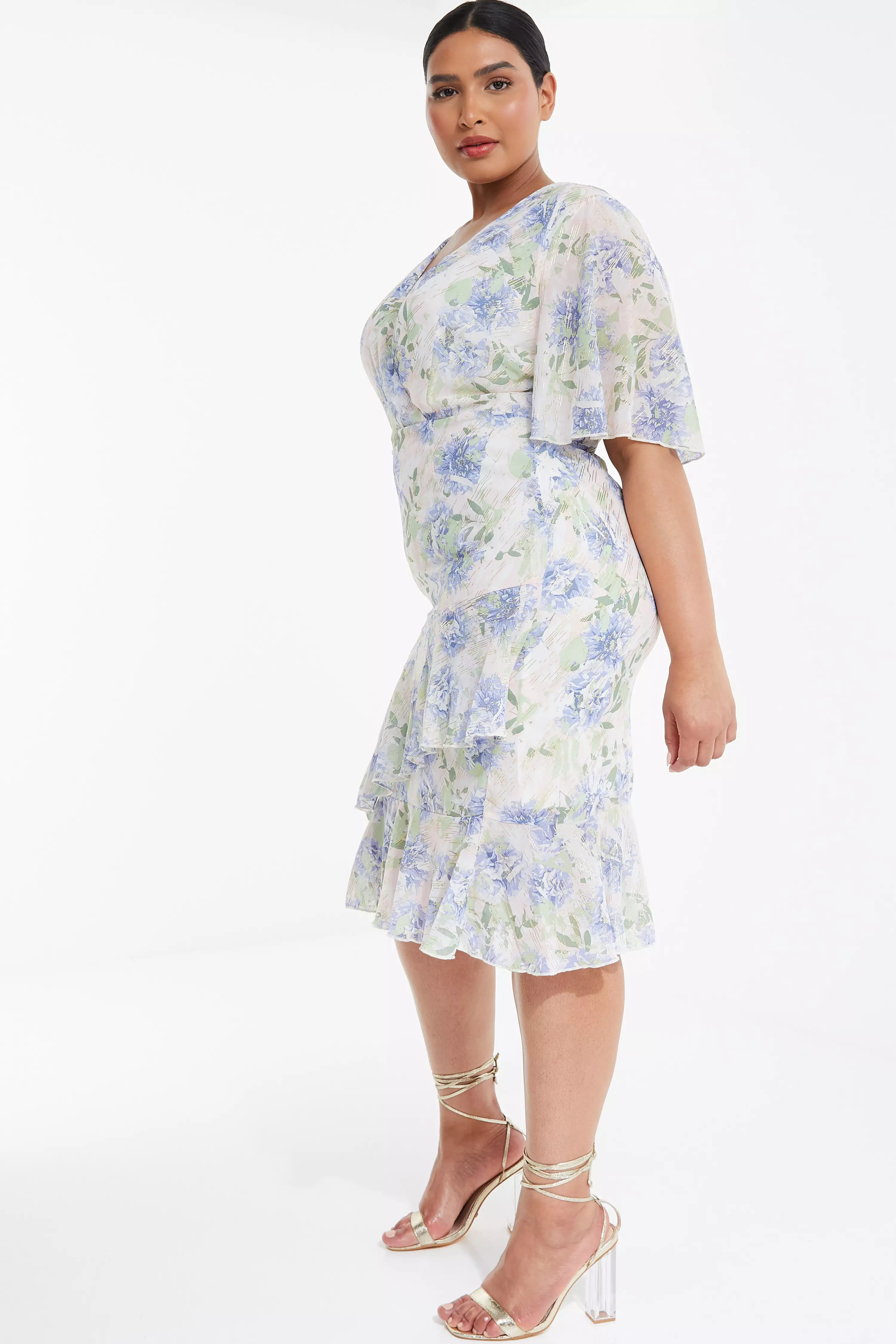 Curve Pink Floral Frill Midi Dress QUIZ Clothing