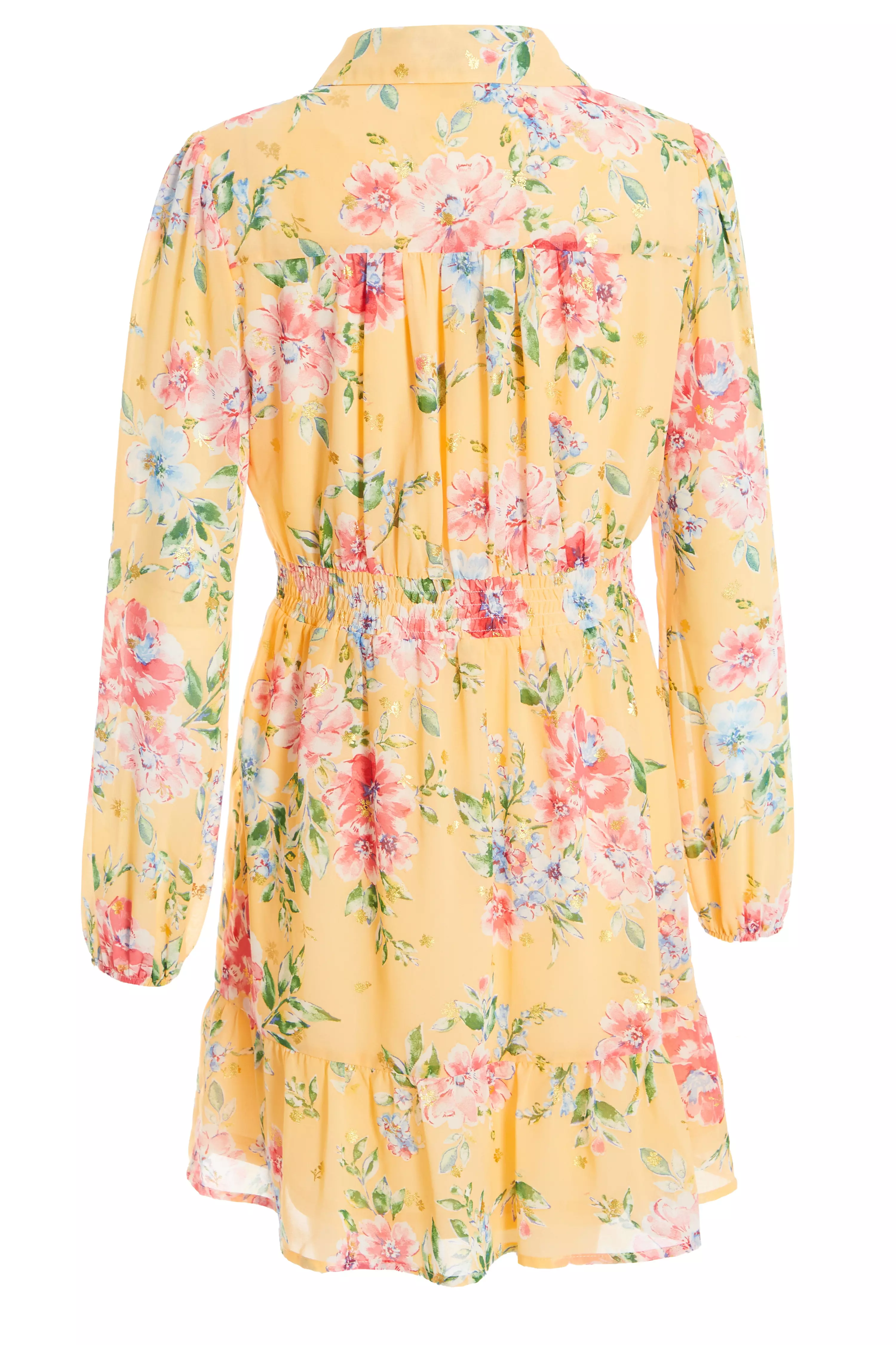 Yellow Chiffon Floral Shirt Dress - QUIZ Clothing