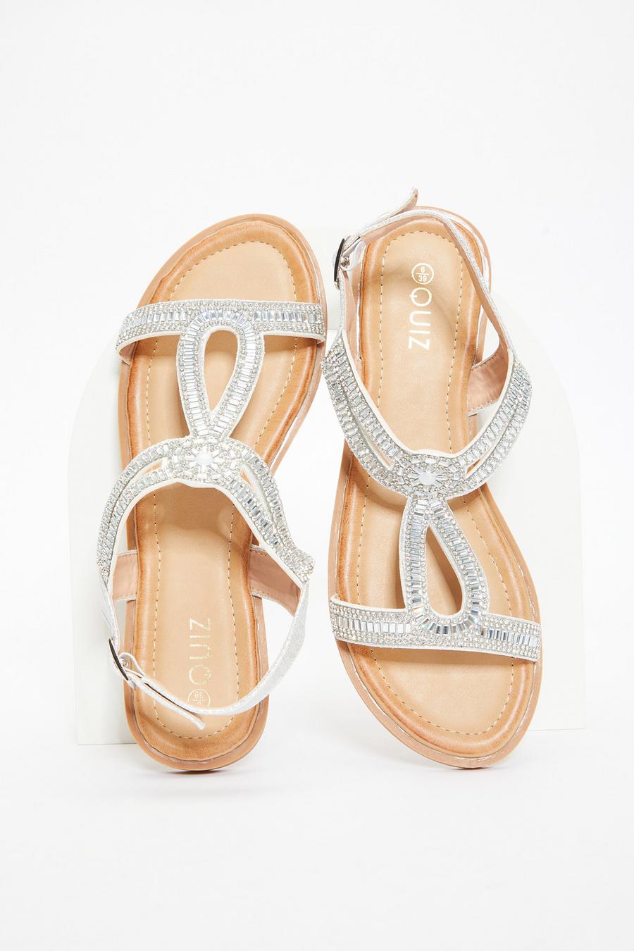 Silver Diamante T Bar Flat Sandals Quiz Clothing