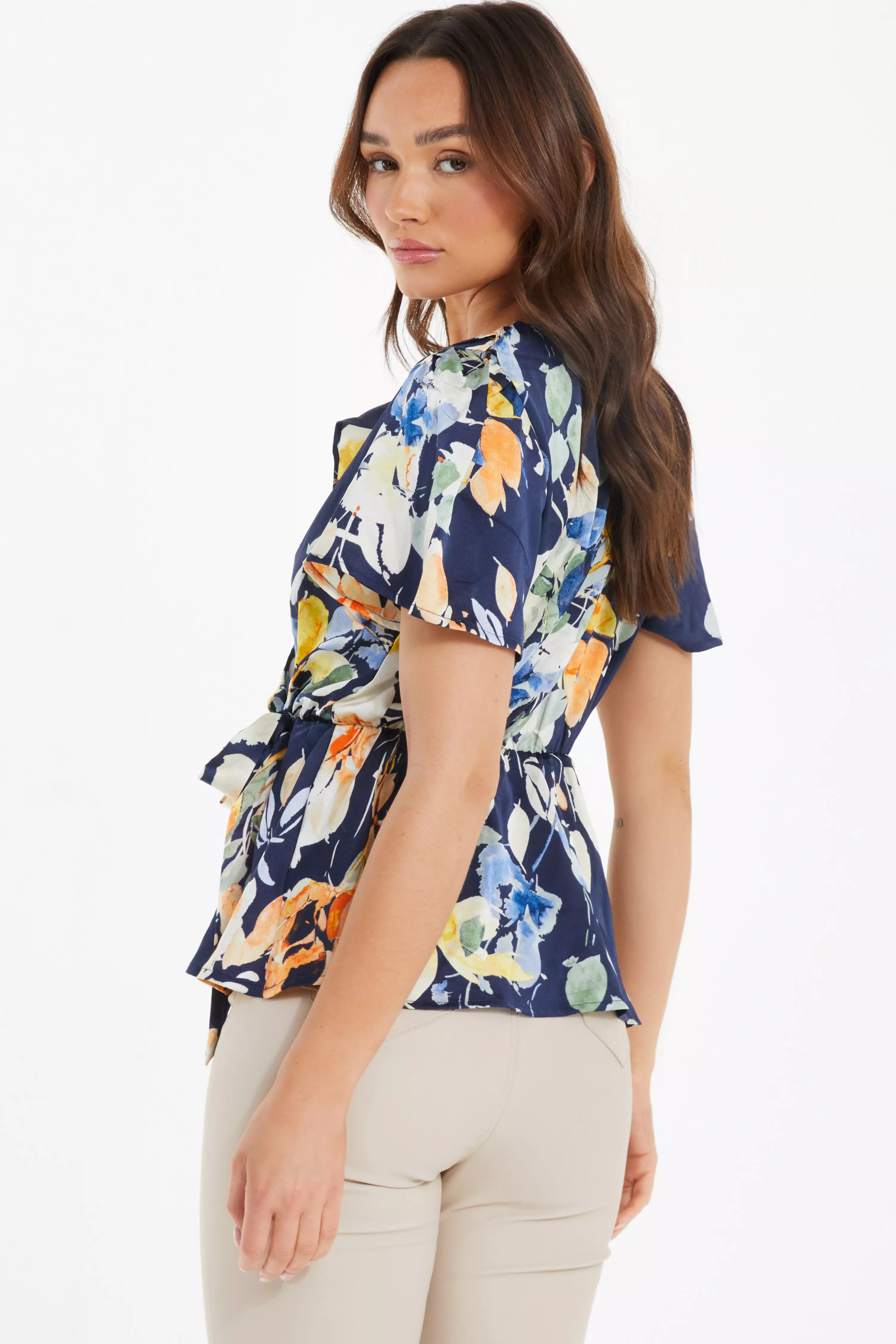 Navy Satin Floral Peplum Top QUIZ Clothing