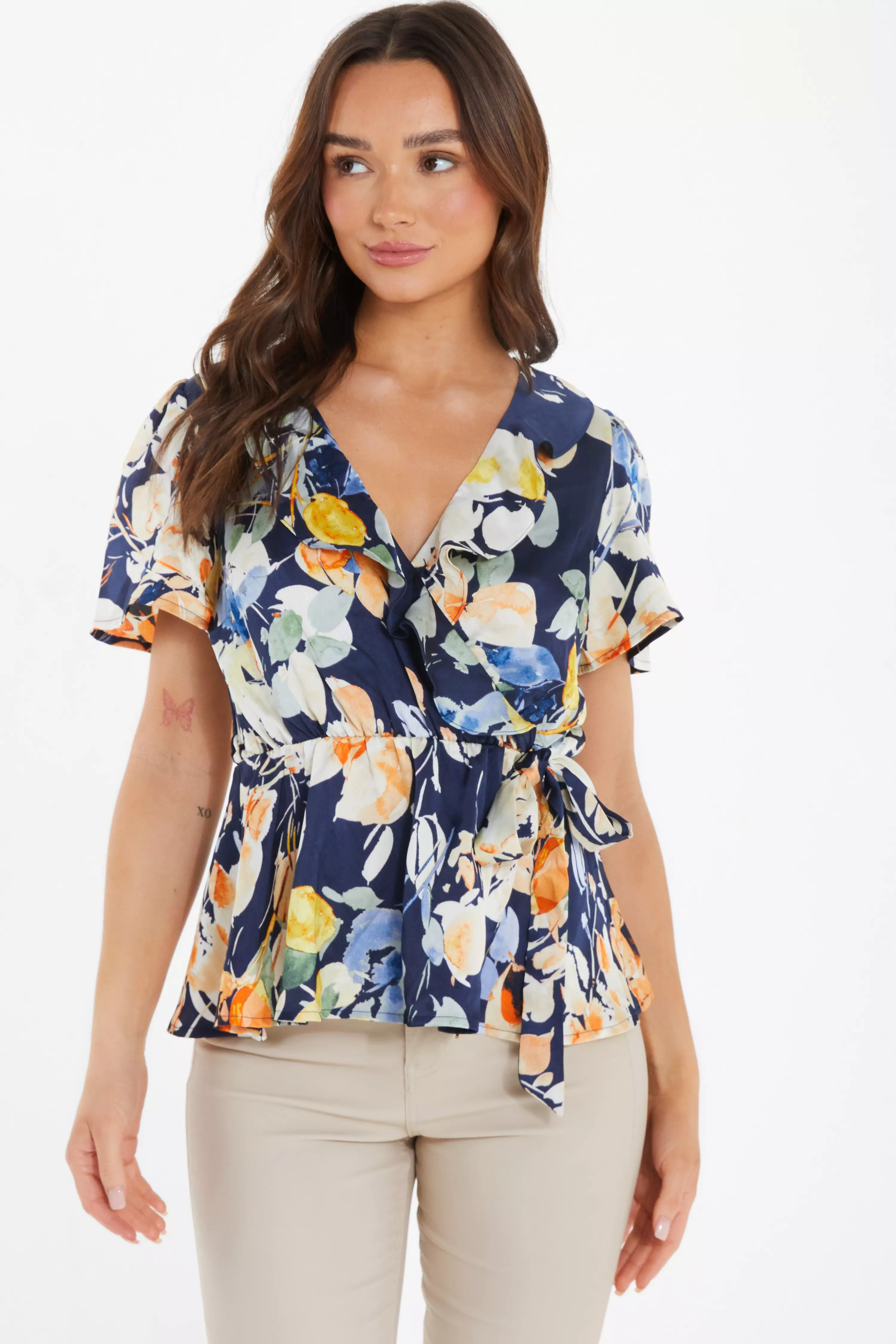 Navy Satin Floral Peplum Top QUIZ Clothing