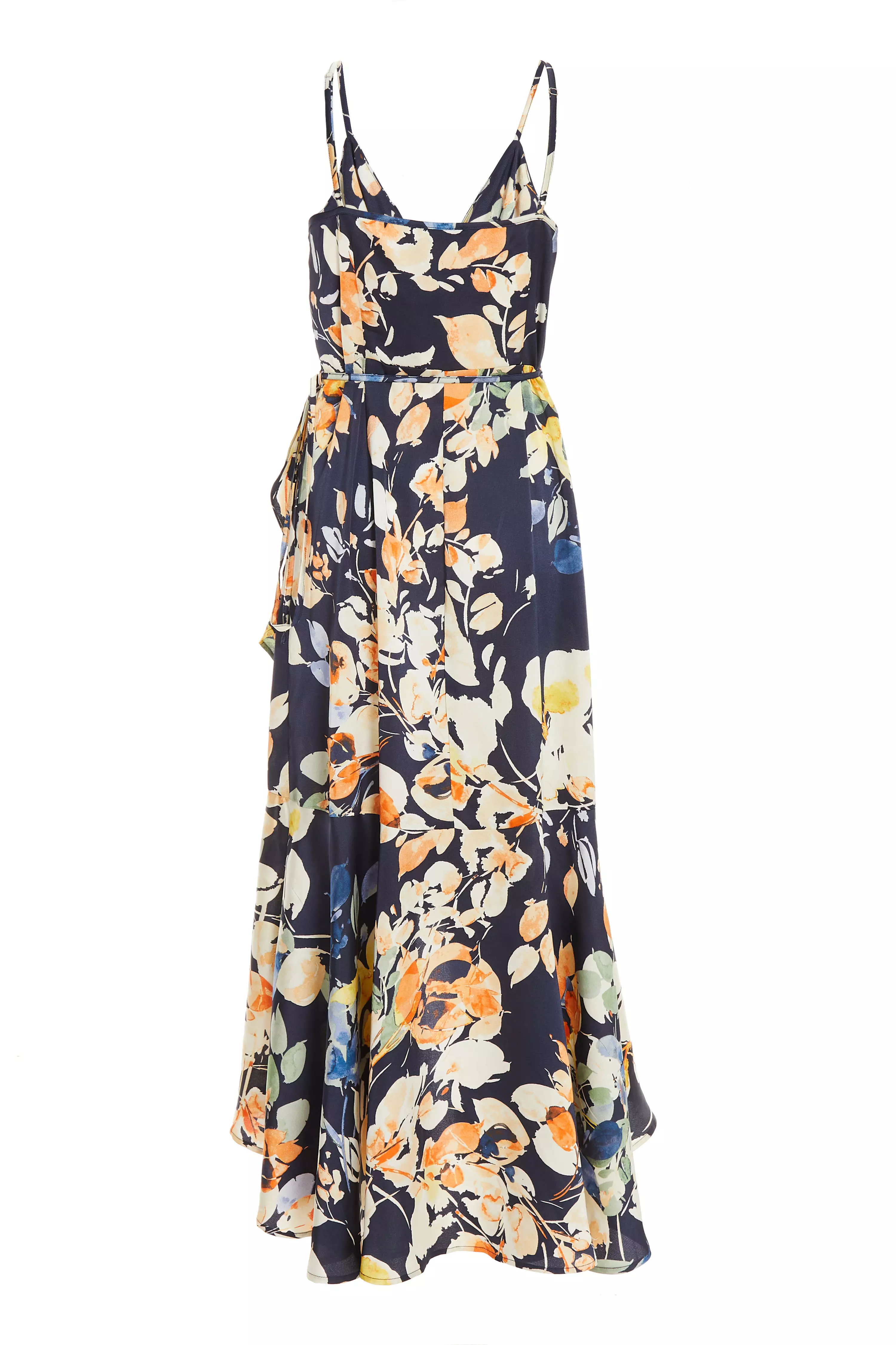 Navy Floral Satin Frill Wrap Midi Dress - QUIZ Clothing