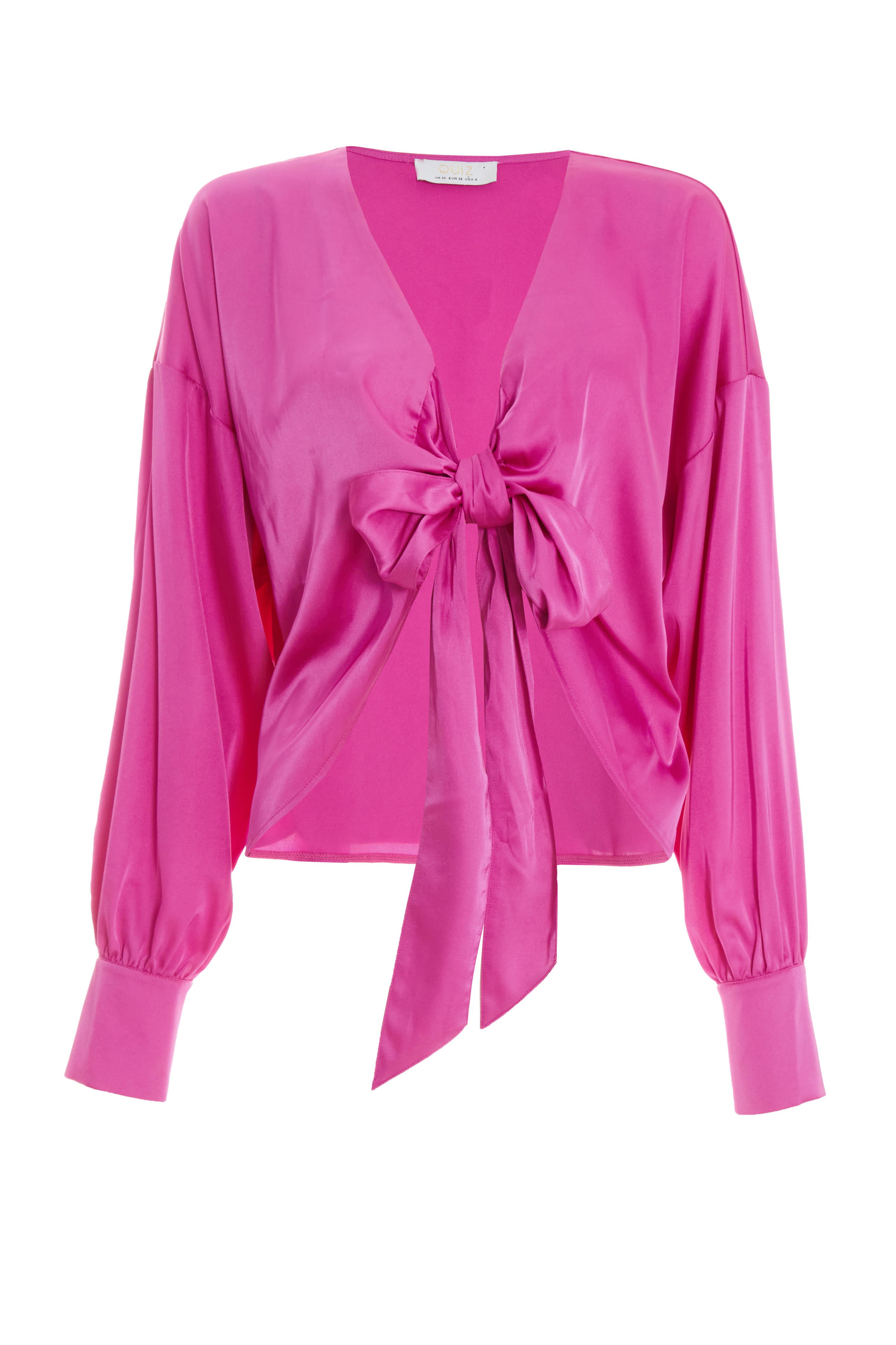 Pink Satin Tie Cropped Blouse QUIZ Clothing