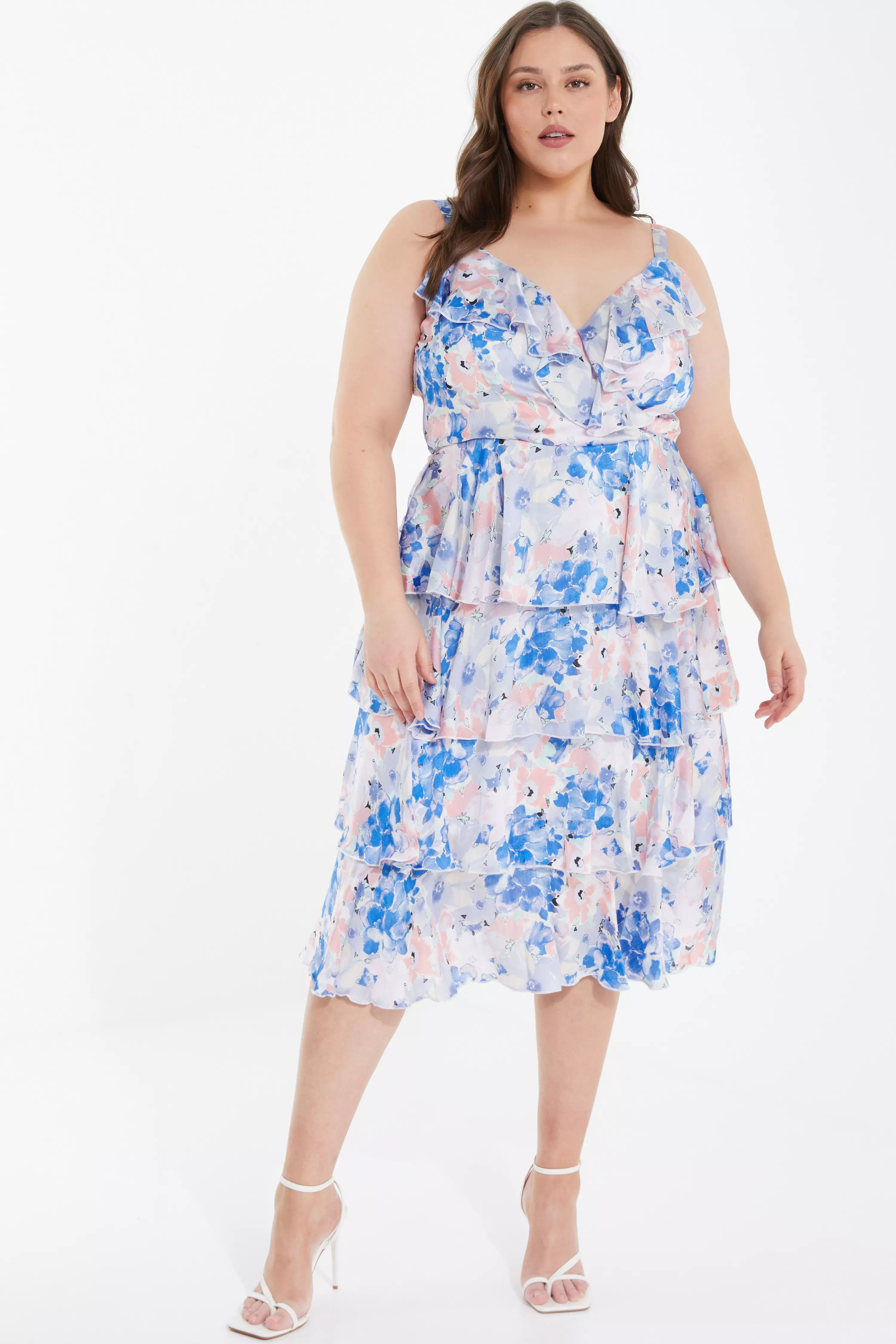 Curve Blue Chiffon Floral Tiered Midi Dress QUIZ Clothing