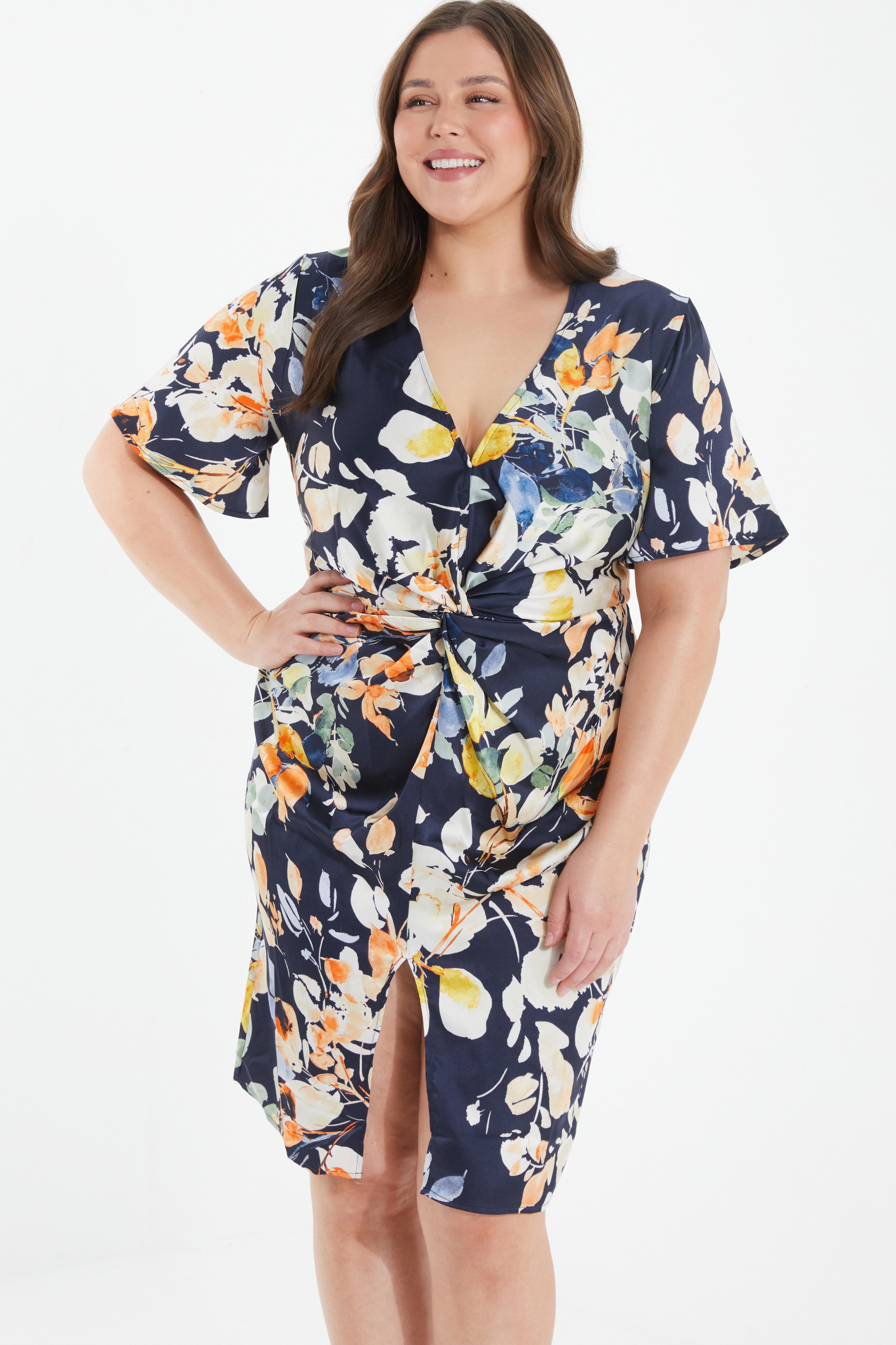 Curve Navy Satin Floral Midi Dress