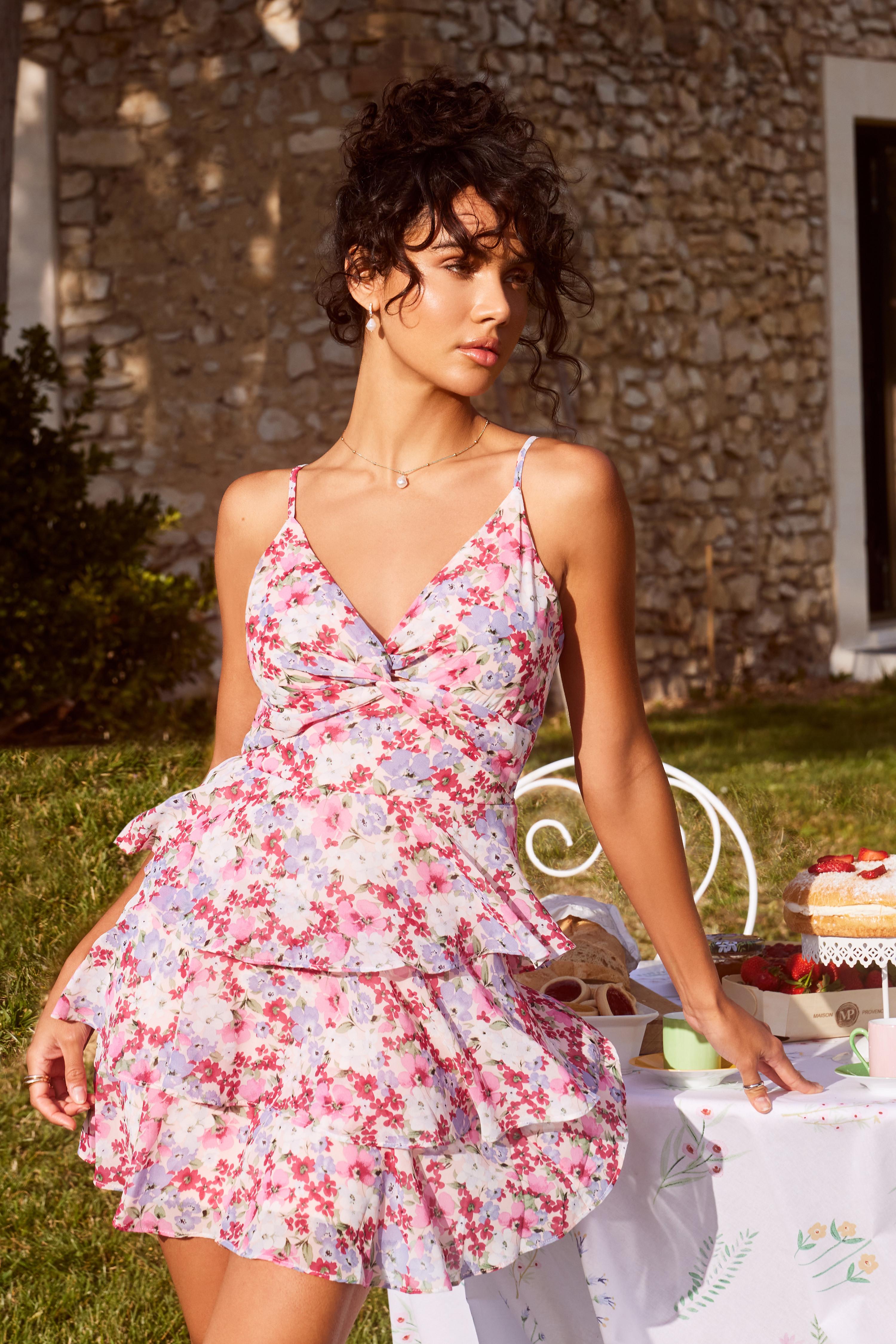 Multicoloured Floral Chiffon Tiered Mini Dress