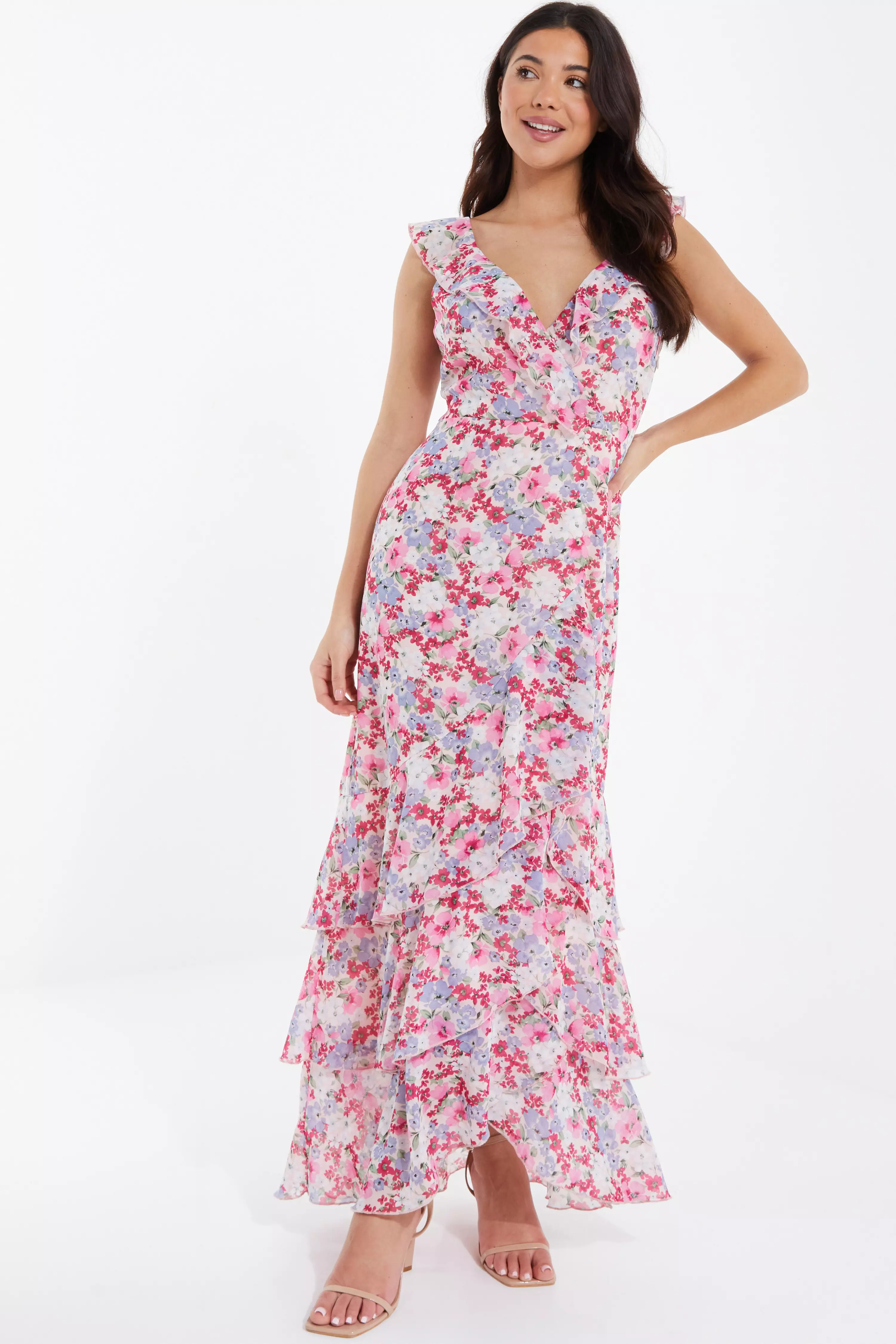 Multicoloured Chiffon Floral Tiered Maxi Dress - QUIZ Clothing