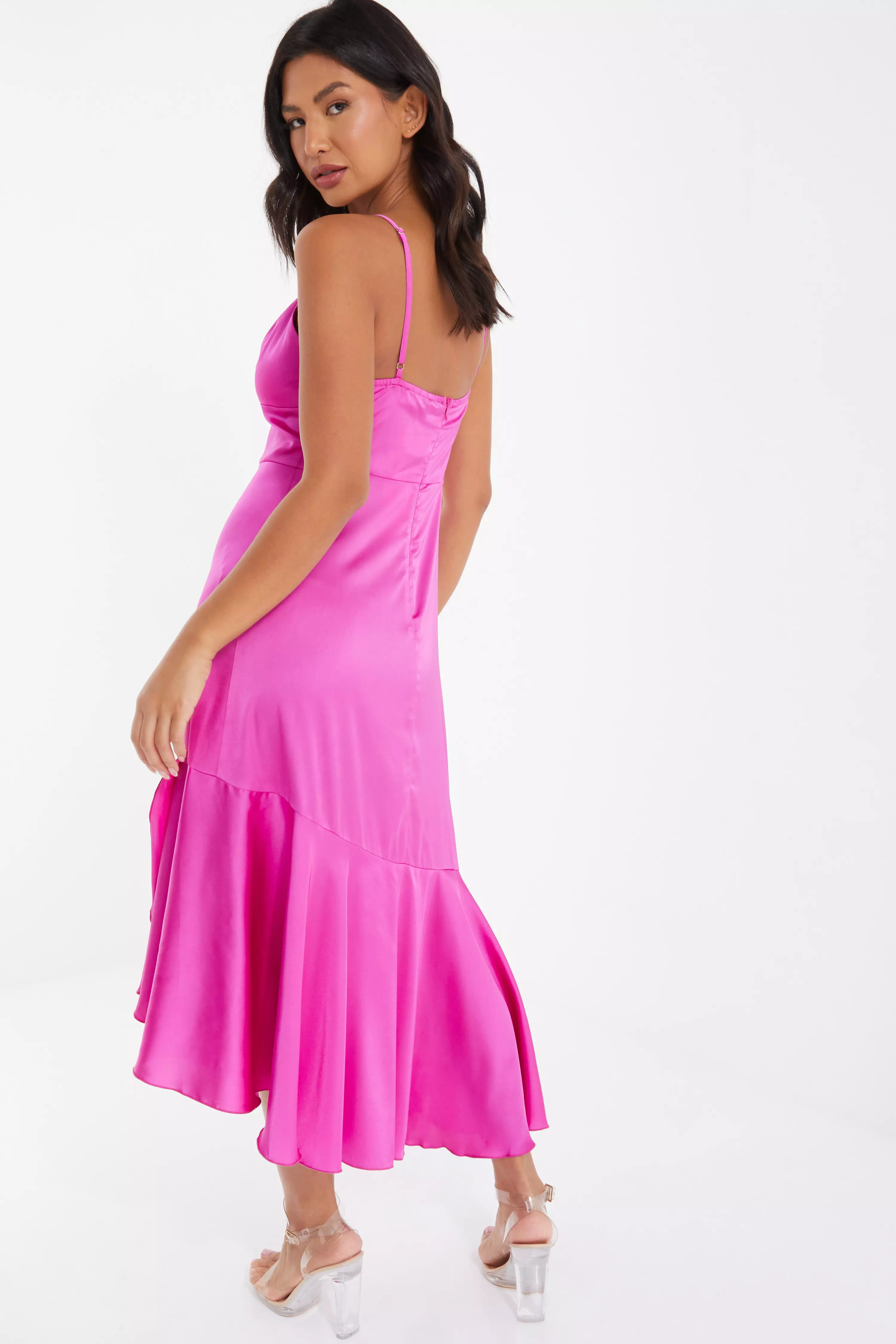 Hot Pink Satin Asymmetric Midi Dress - QUIZ Clothing