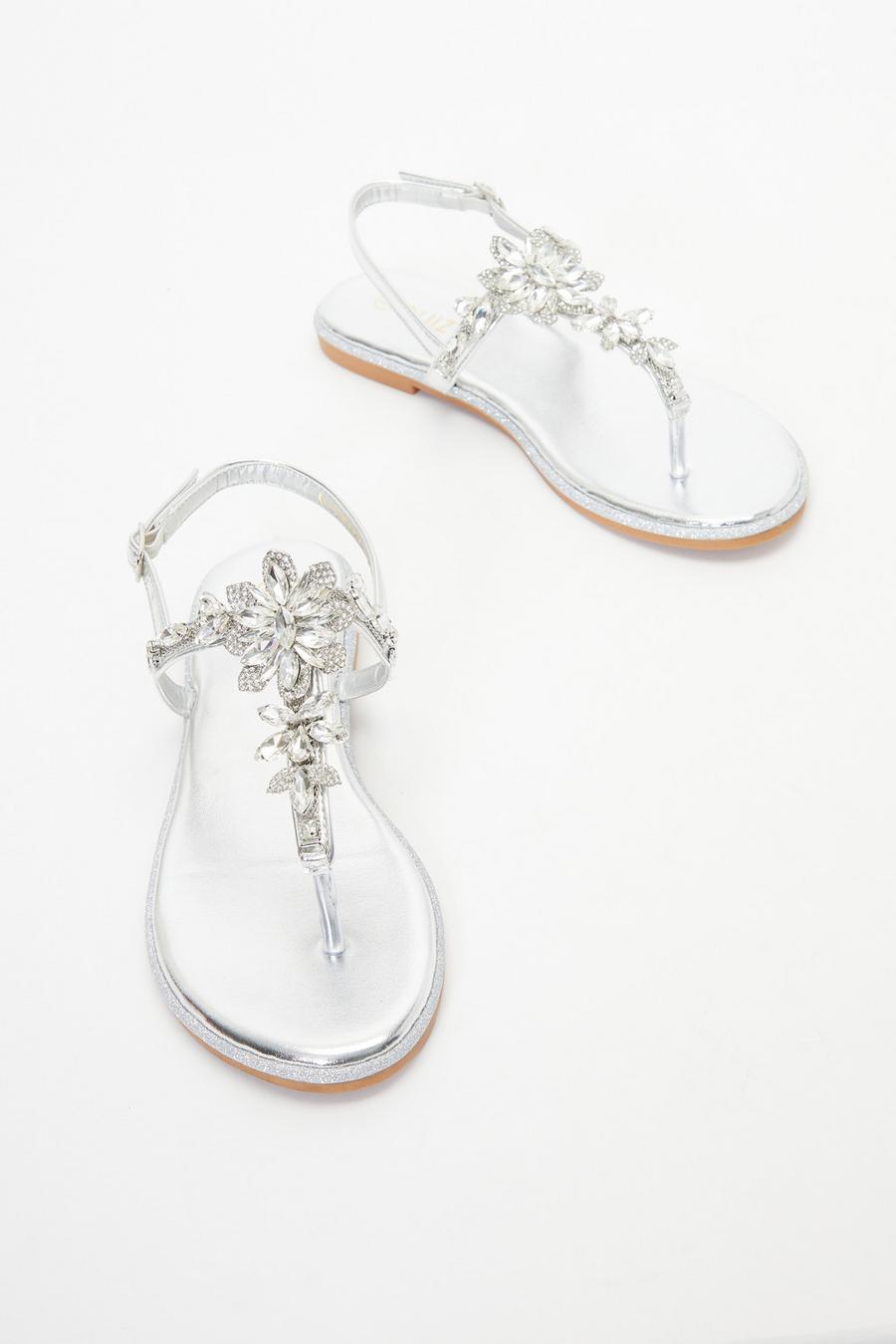 Silver Jewel T Bar Flat Sandals Quiz Clothing