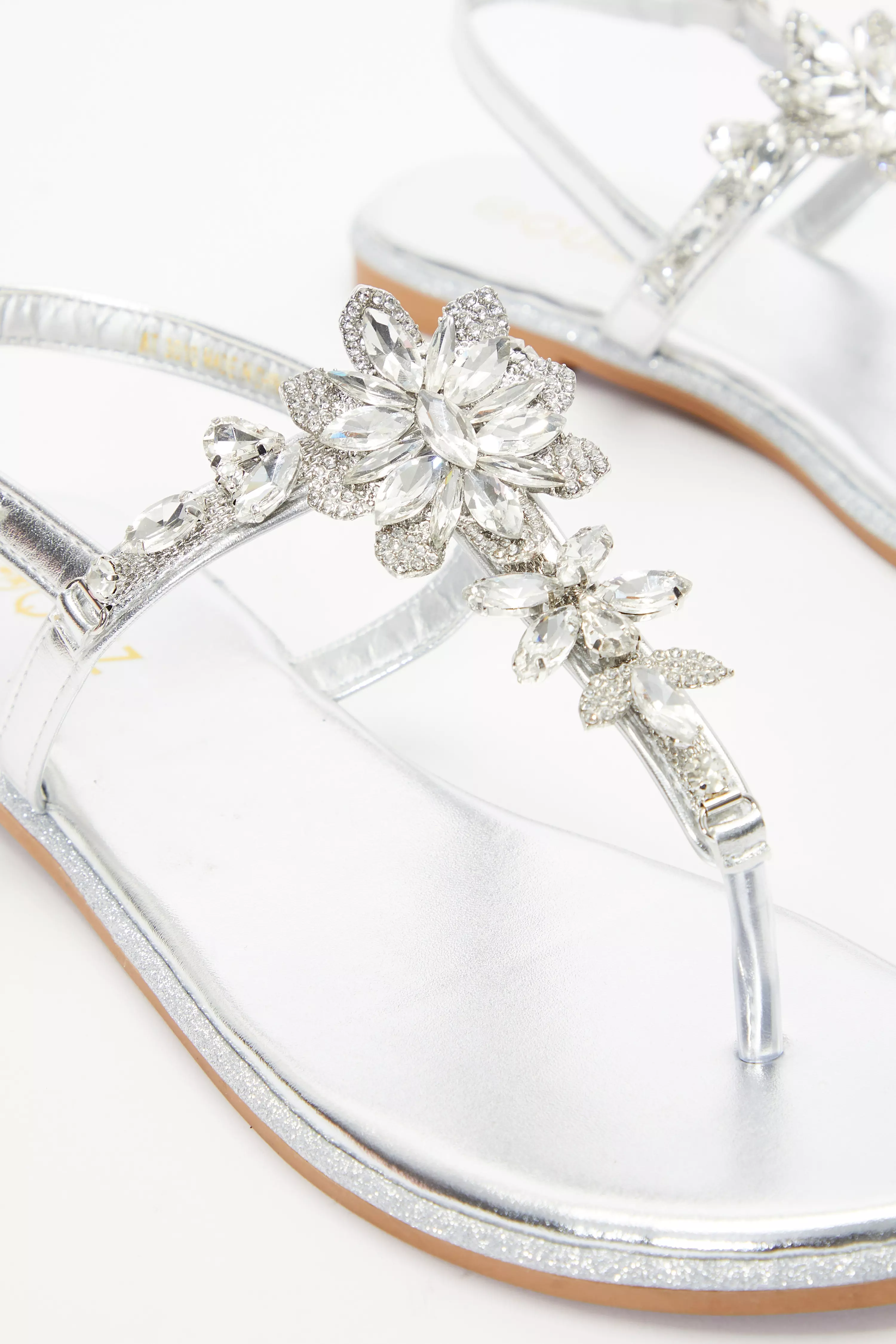 Silver Jewel T-Bar Flat Sandals - QUIZ Clothing