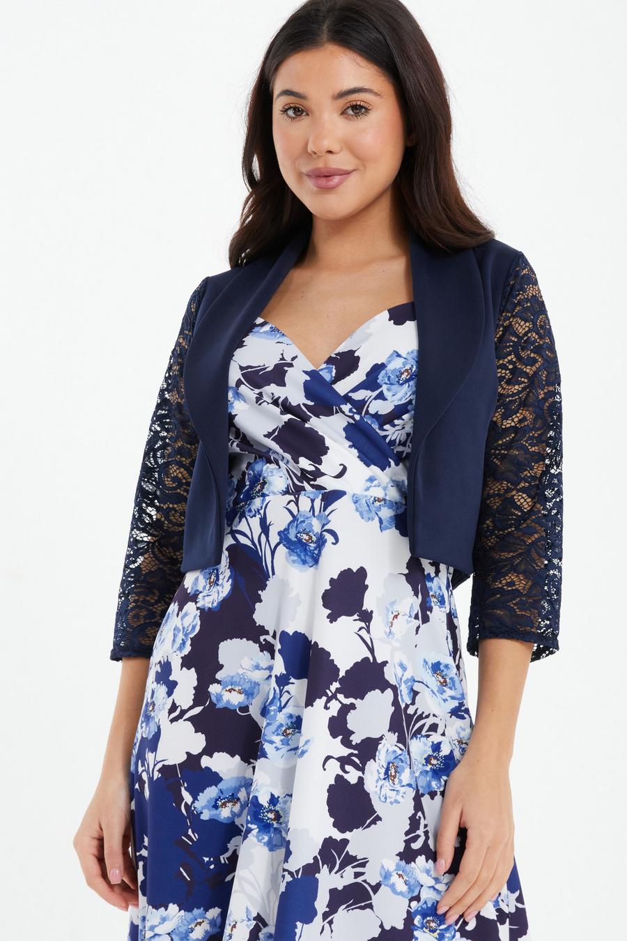 Navy Shawl Lace Crop Jacket - Quiz Clothing