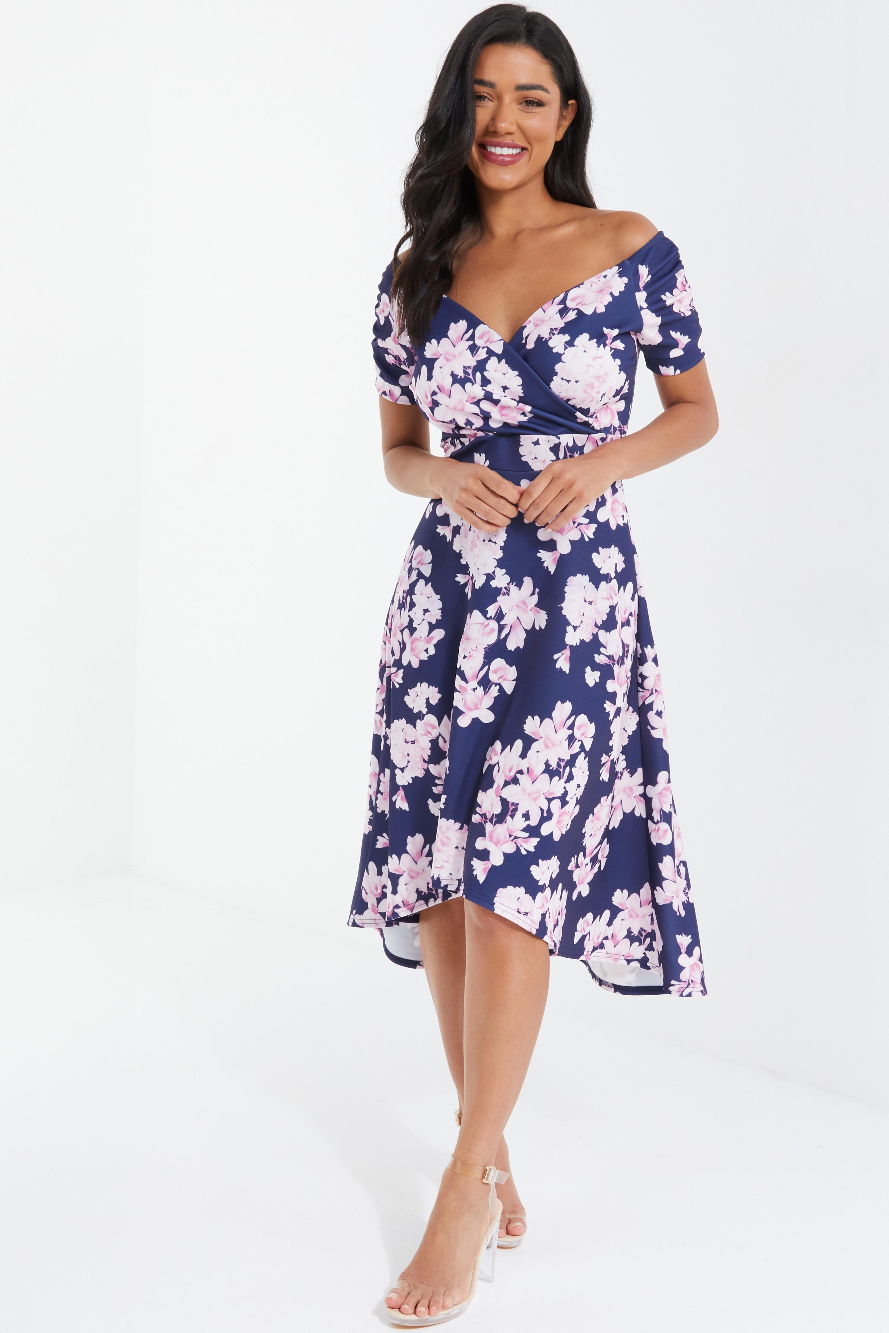 Navy Floral Bardot Dip Hem Midi Dress