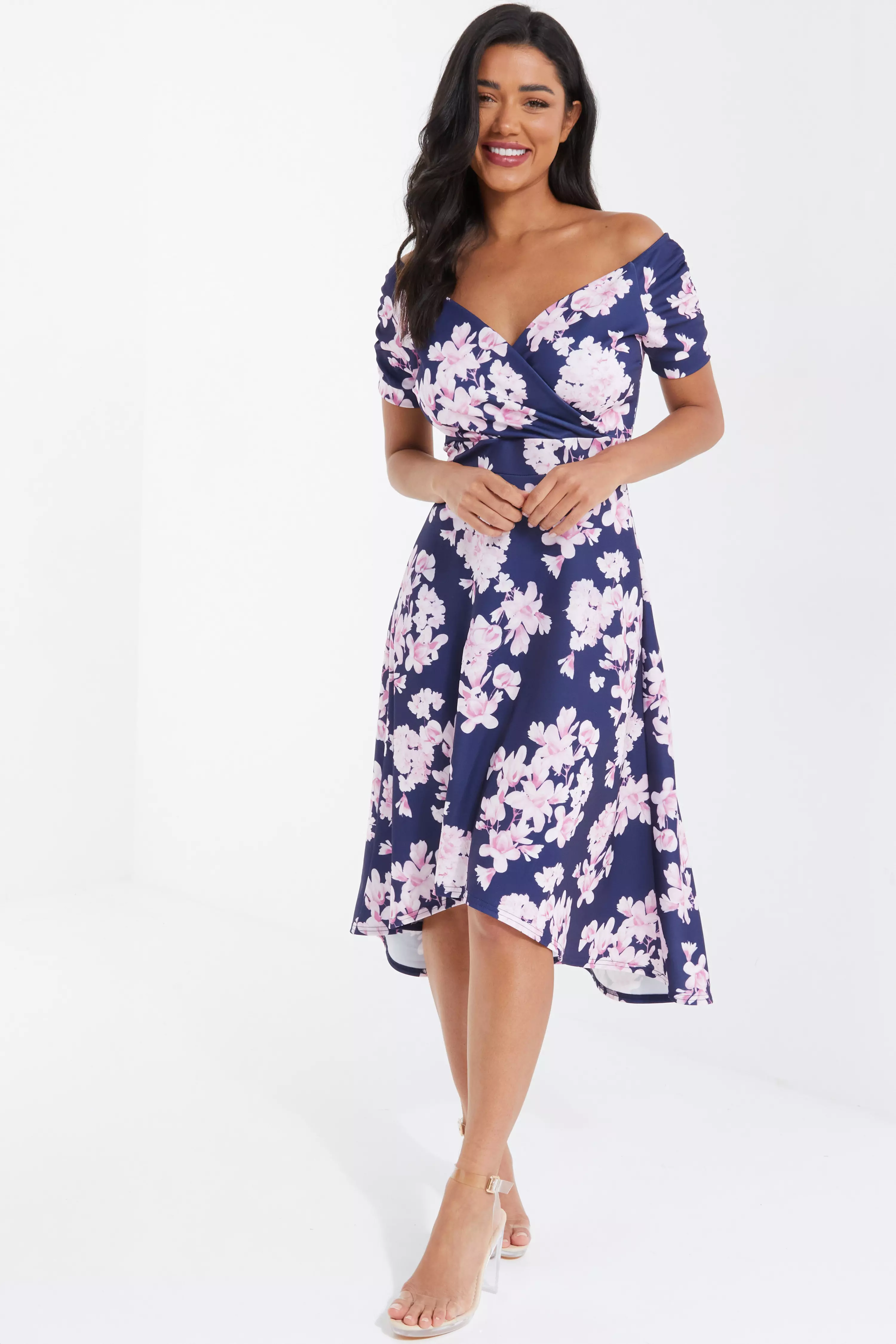 Navy Floral Bardot Dip Hem Midi Dress QUIZ Clothing