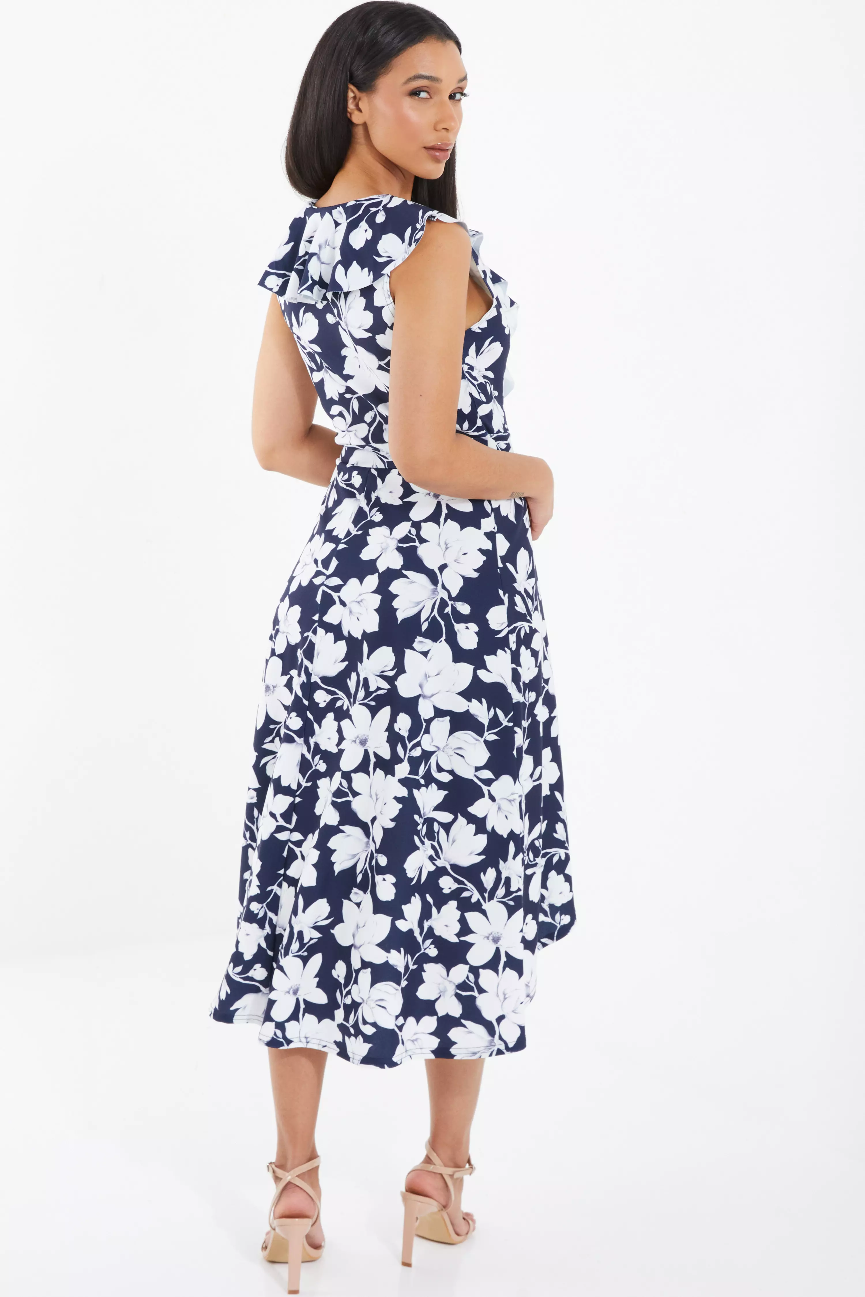 Navy Floral Dip Hem Midi Dress - QUIZ Clothing