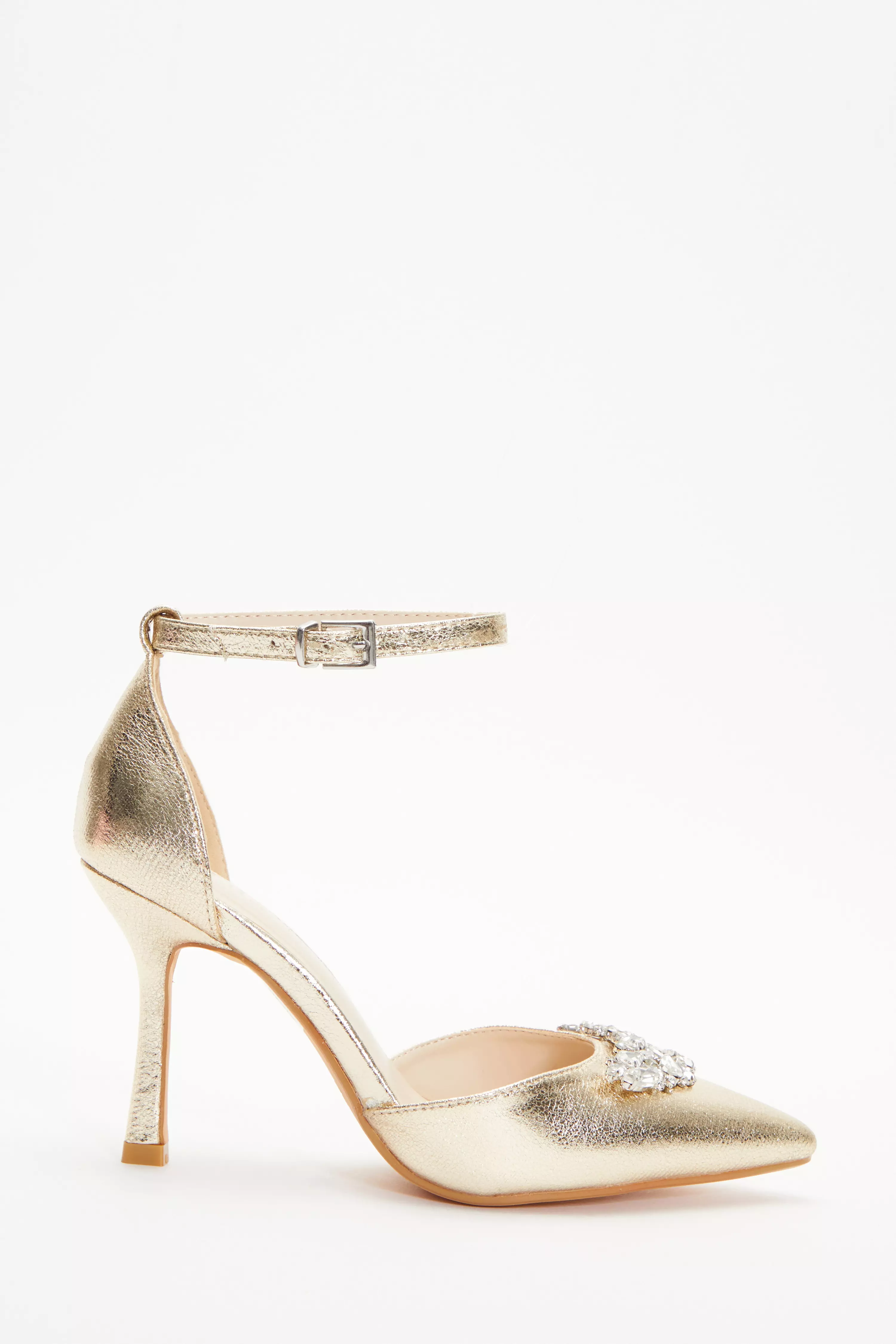 Wide Fit Gold Foil Diamante Court Heels - QUIZ Clothing