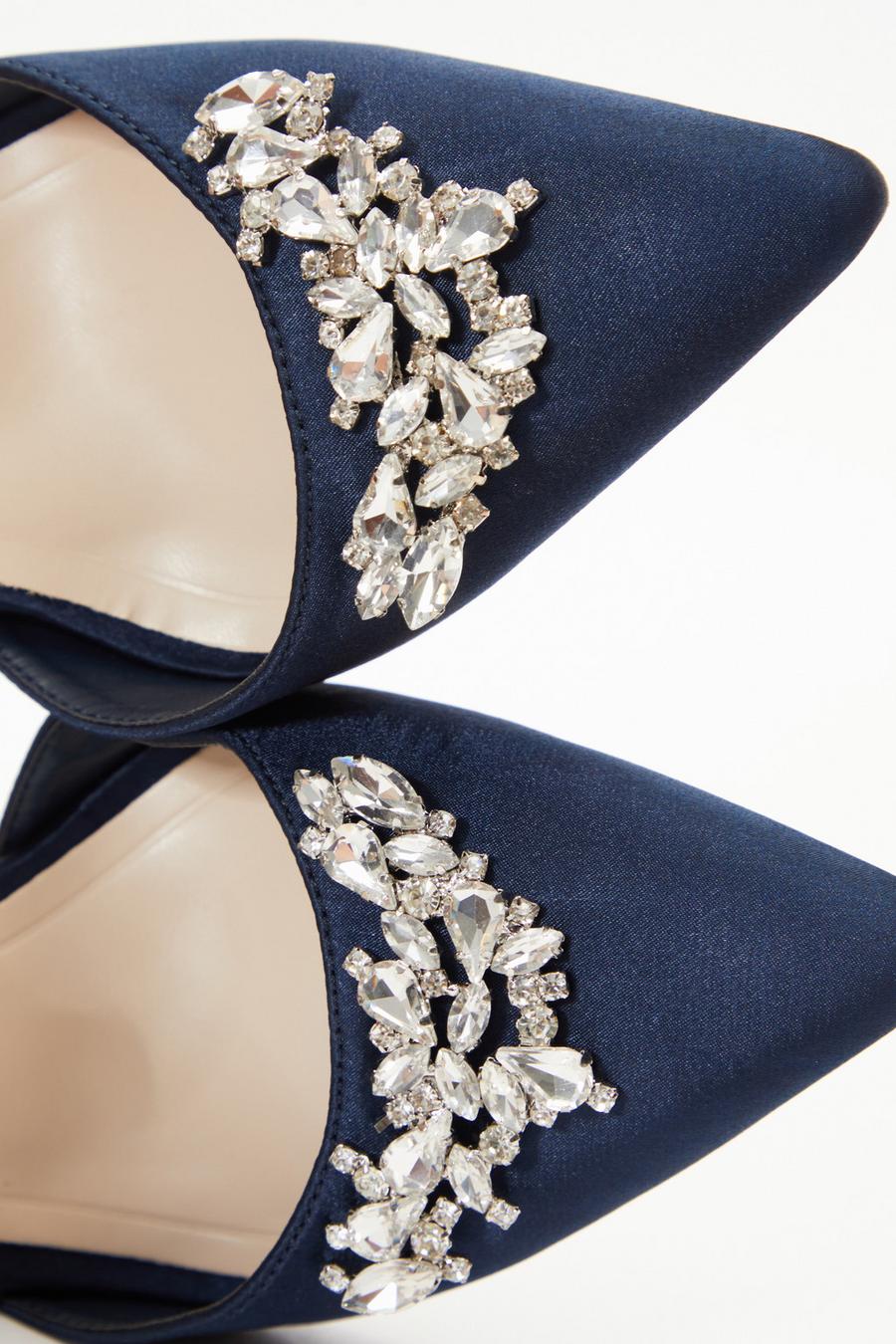 Wide Fit Navy Satin Diamante Court Heels Quiz Clothing