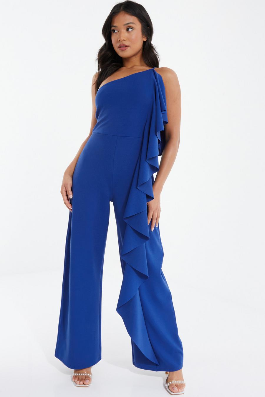 Petite Royal Blue One Shoulder Frill Palazzo Jumpsuit - Quiz Clothing