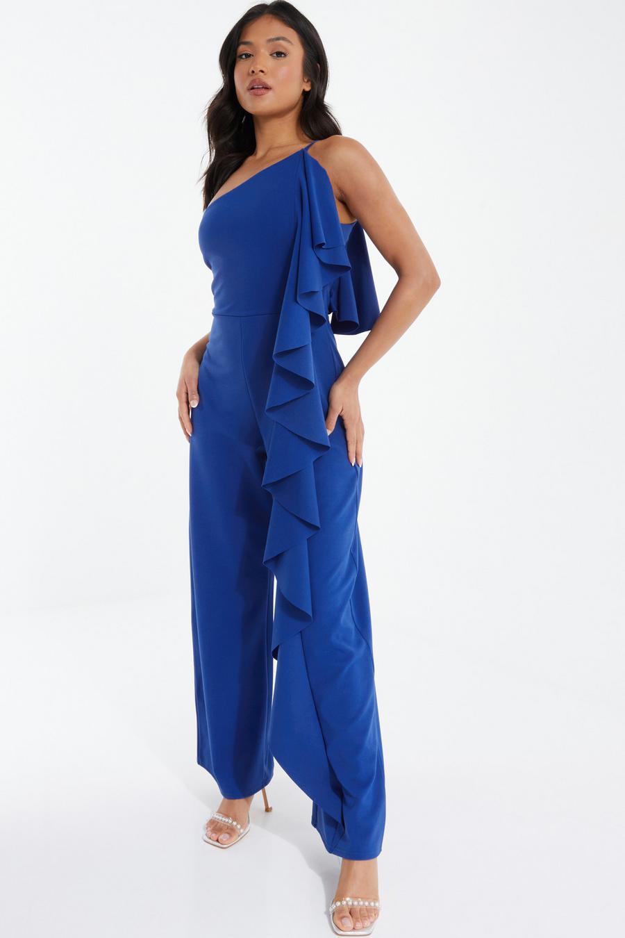 Petite Royal Blue One Shoulder Frill Palazzo Jumpsuit - Quiz Clothing