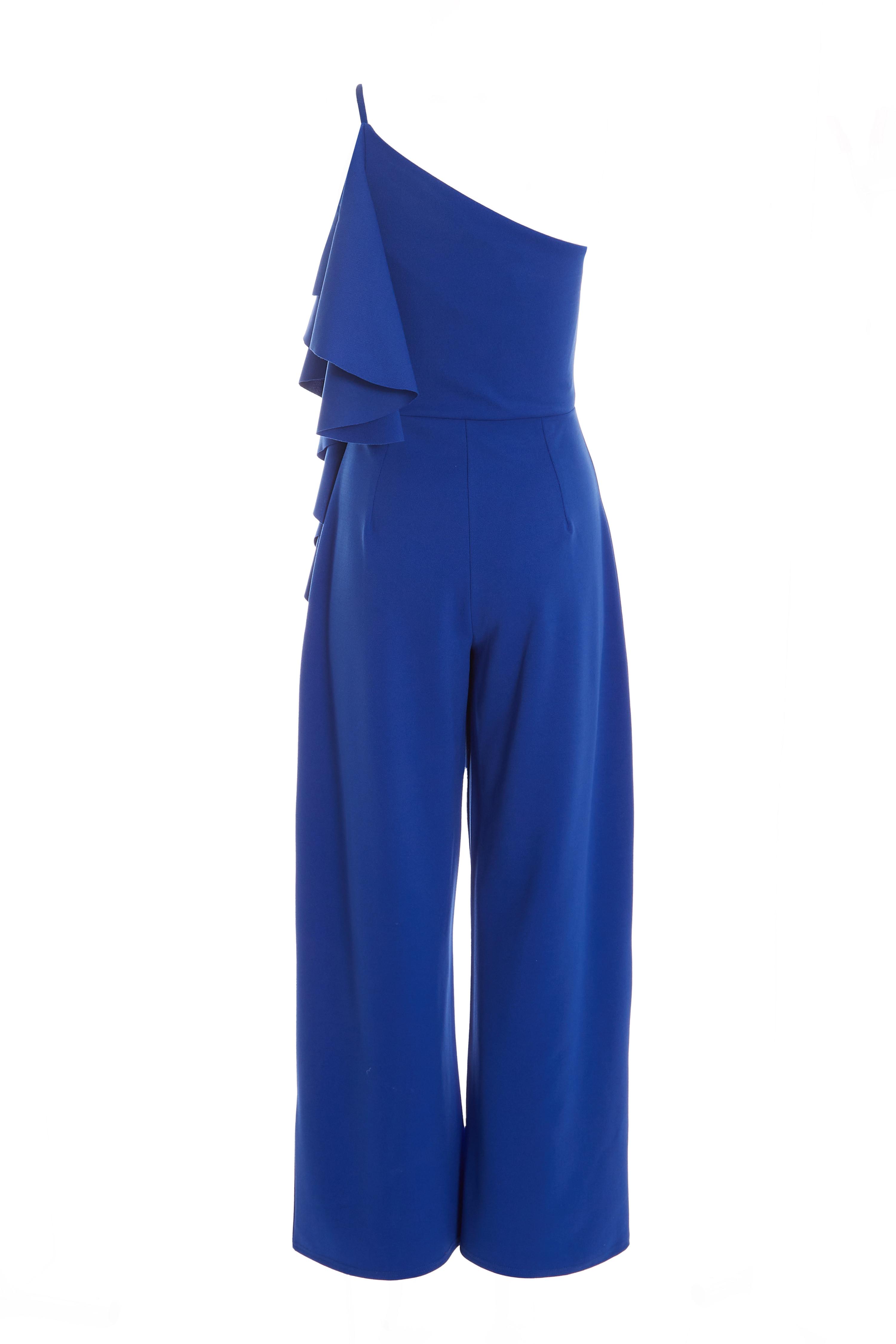 Petite Royal Blue One Shoulder Frill Palazzo Jumpsuit