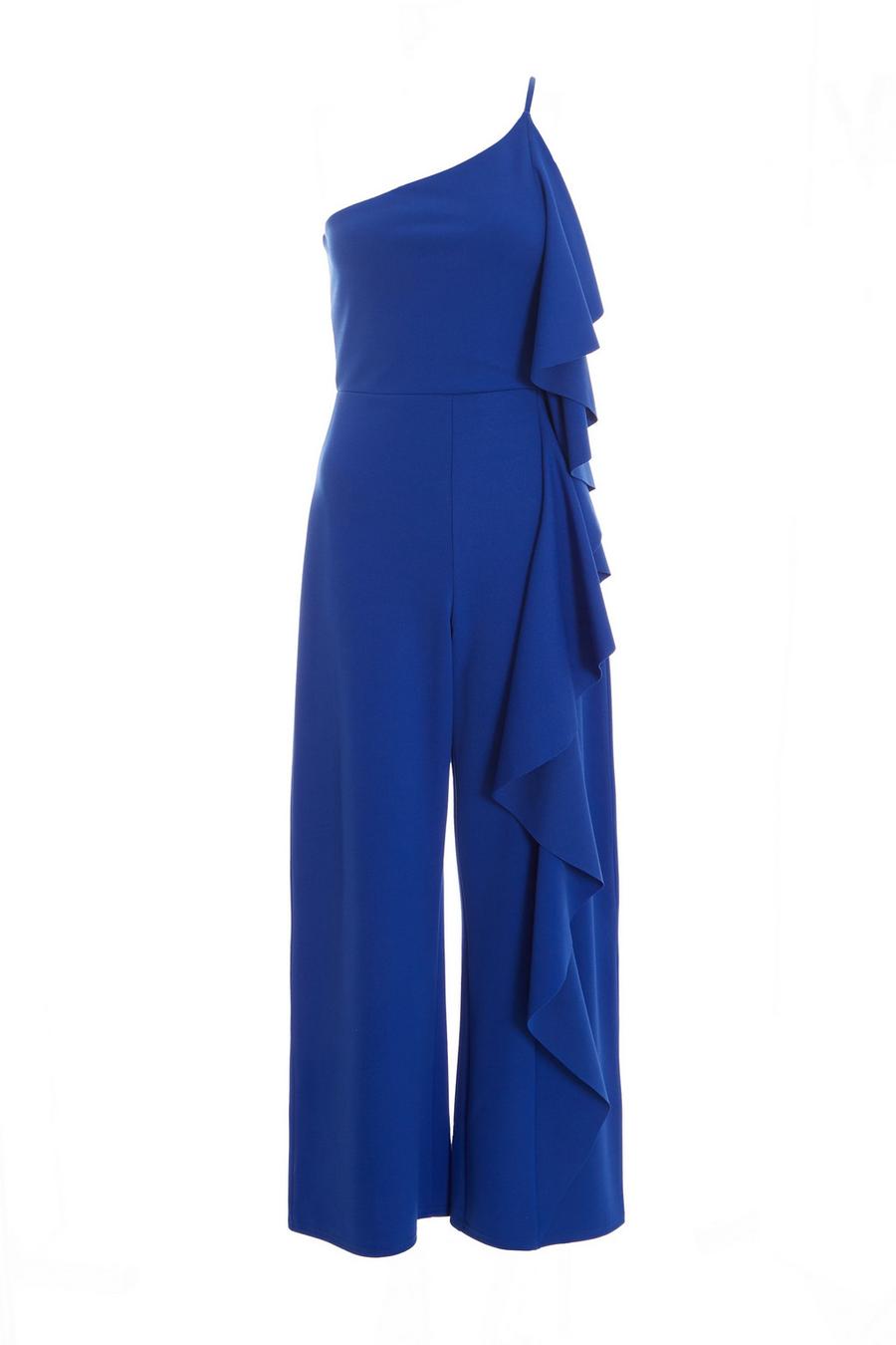 Petite Royal Blue One Shoulder Frill Palazzo Jumpsuit - Quiz Clothing