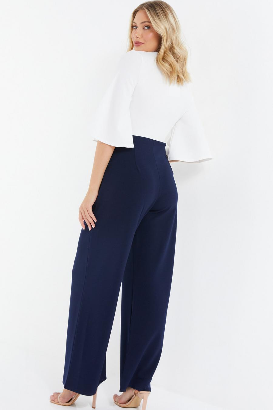 Navy Tie Front Contrast Palazzo Jumpsuit - Quiz Clothing